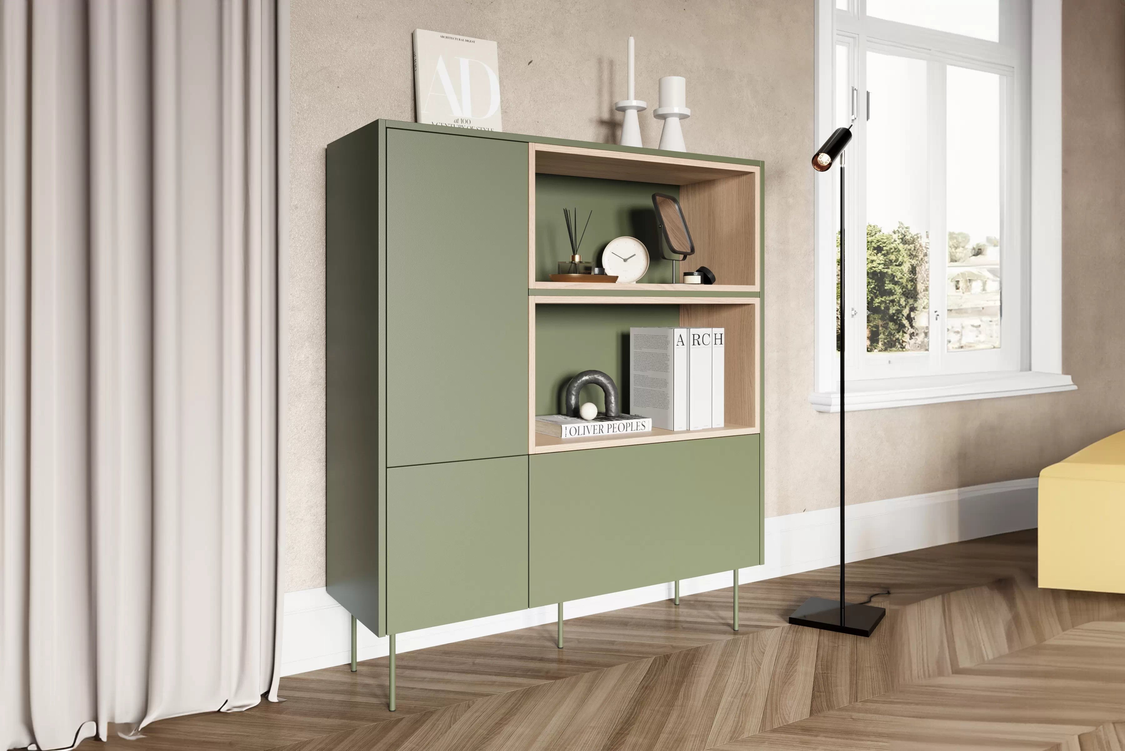 Vysoká komoda Desin 120 cm s dvoma dverami a zásuvkou - olivový / dub nagano Komoda vysoká Desin 120 cm dvojdverová z szuflada i wnekami - Oliva / Dub nagano