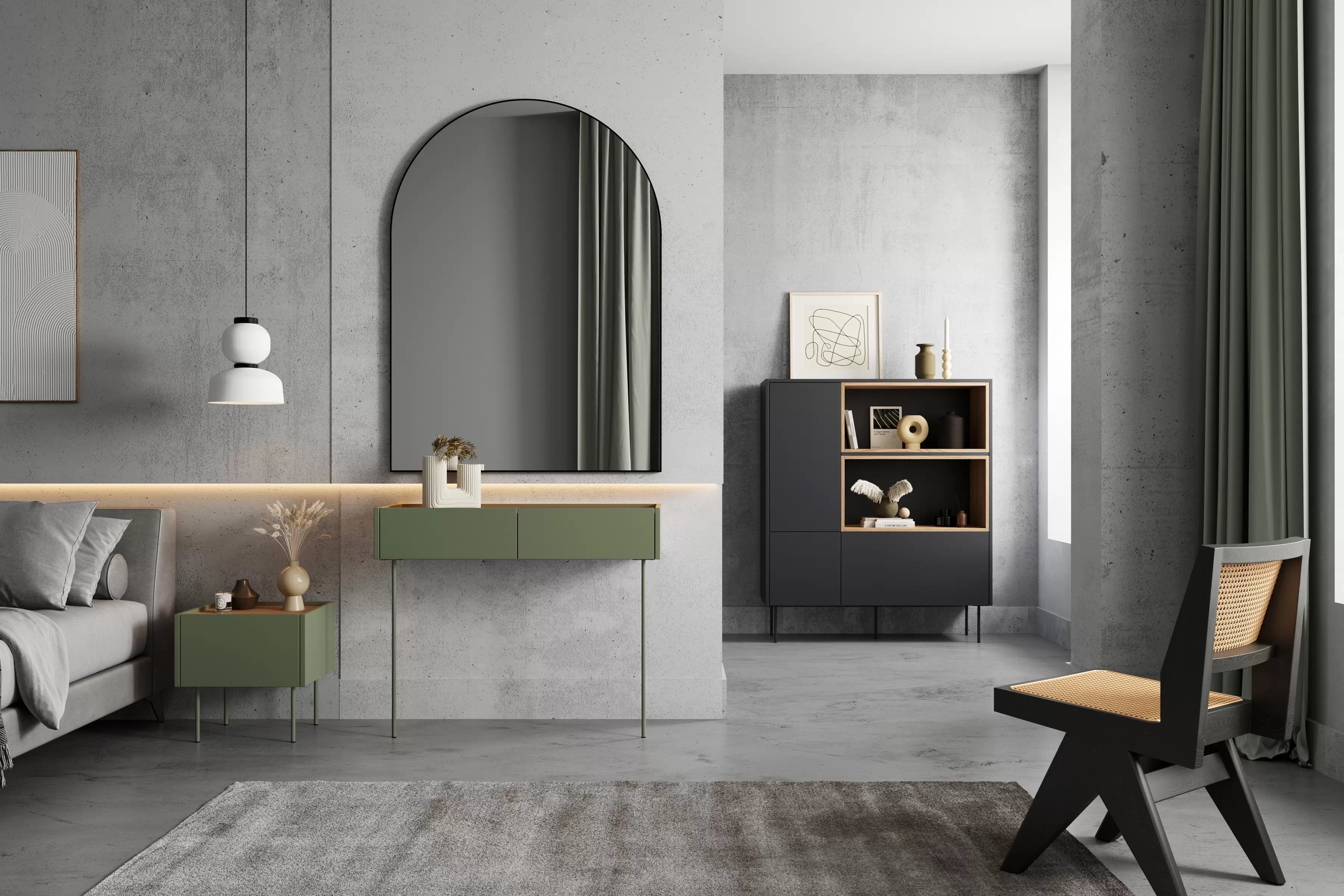 Vysoká komoda Desin 120 cm s otevřenými policemi a zásuvkou - černý mat / dub nagano Komoda vysoká Desin 120 cm z wnekami, szuflada i metalowymi nogami - černá mat / dub nagano