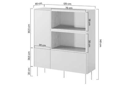 Vysoká komoda Desin 120 cm se zásuvkou - černý mat / dub nagano Komoda vysoká Desin 120 cm z wnekami, szuflada i metalowymi nogami - černá mat / dub nagano