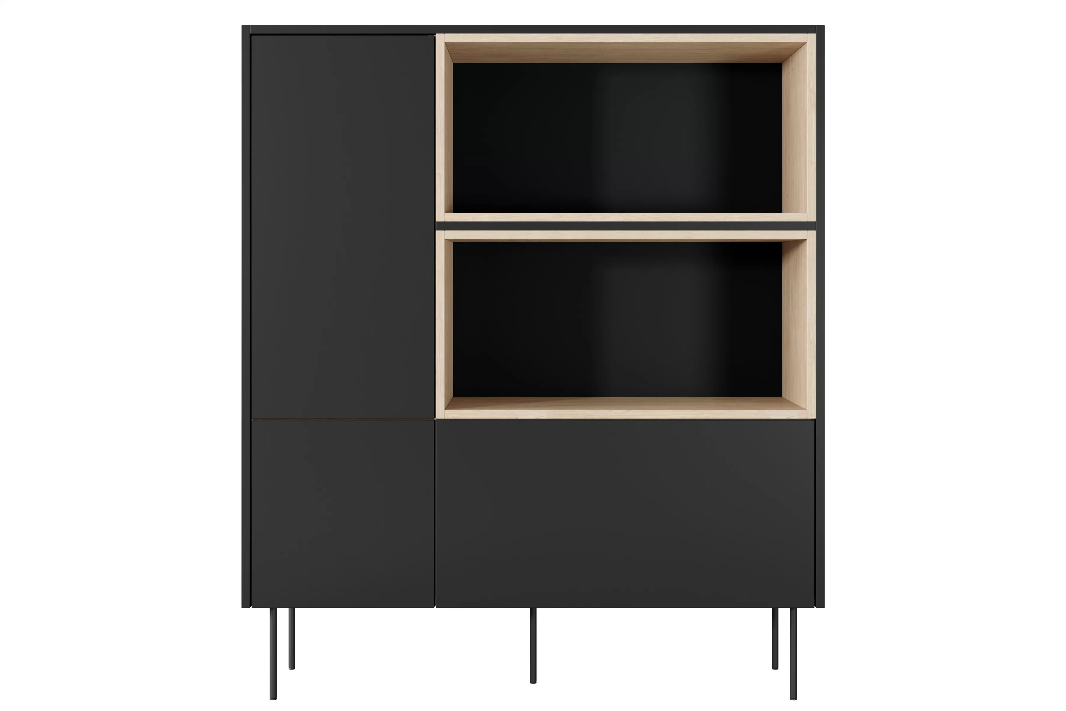 Vysoká komoda Desin 120 cm s otevřenými policemi a zásuvkou - černý mat / dub nagano Komoda vysoká Desin 120 cm z wnekami, szuflada i metalowymi nogami - černá mat / dub nagano