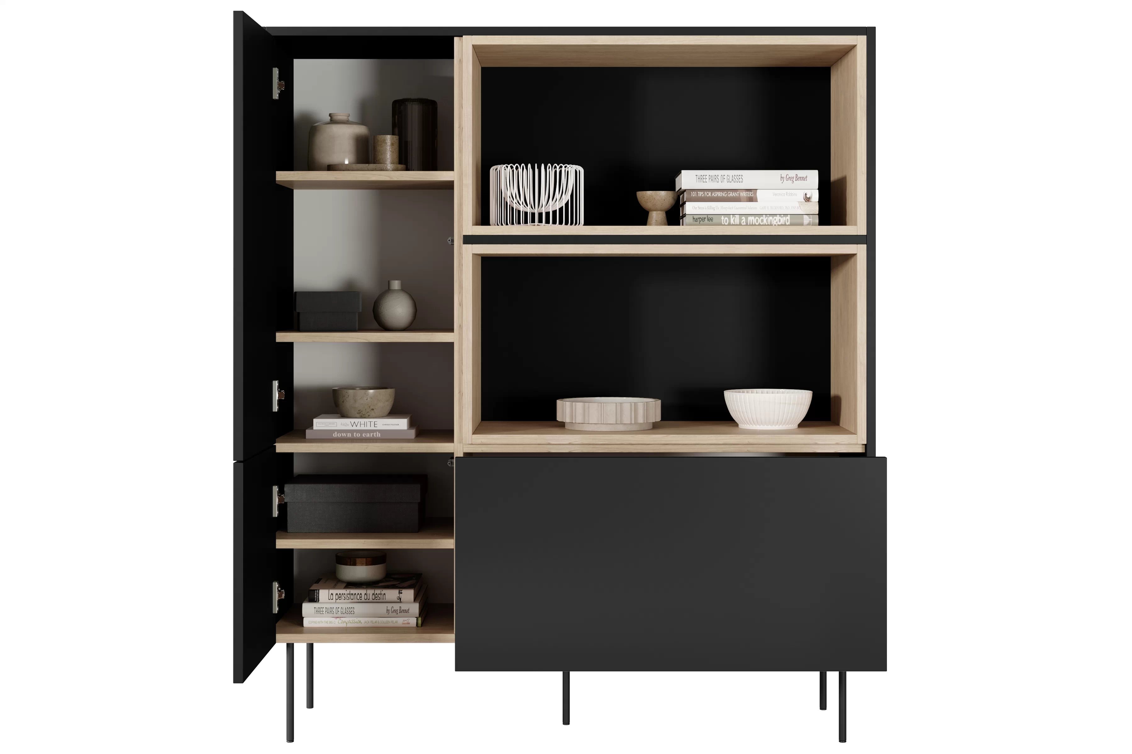 Vysoká komoda Desin 120 cm s otevřenými policemi a zásuvkou - černý mat / dub nagano Komoda vysoká Desin 120 cm z wnekami, szuflada i metalowymi nogami - černá mat / dub nagano