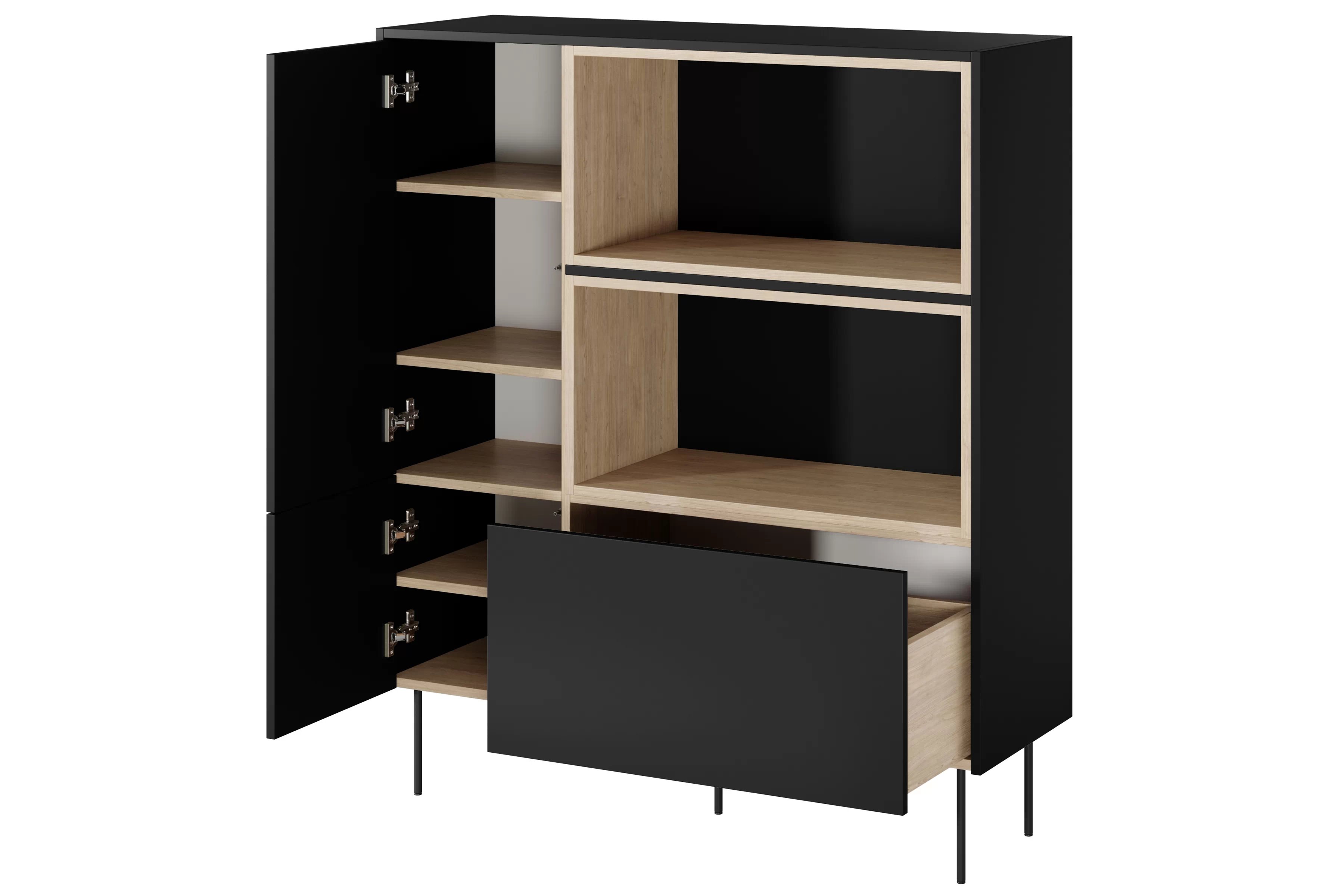Vysoká komoda Desin 120 cm s otevřenými policemi a zásuvkou - černý mat / dub nagano Komoda vysoká Desin 120 cm z wnekami, szuflada i metalowymi nogami - černá mat / dub nagano