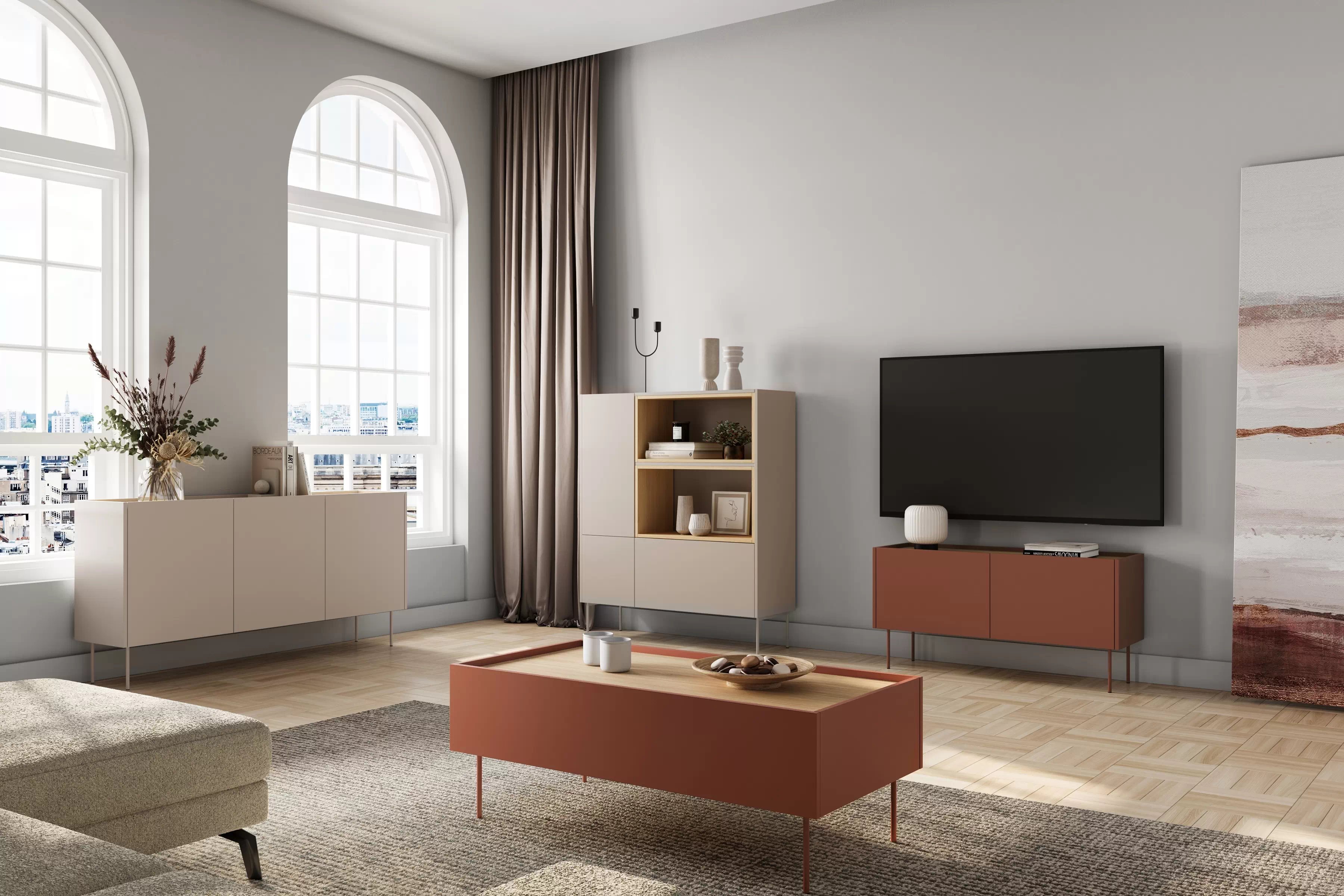 Vysoká komoda Desin 120 cm - kašmír / dub nagano Komoda vysoká Desin 120 cm z wnekami, szuflada i metalowymi nogami- kašmír / dub nagano