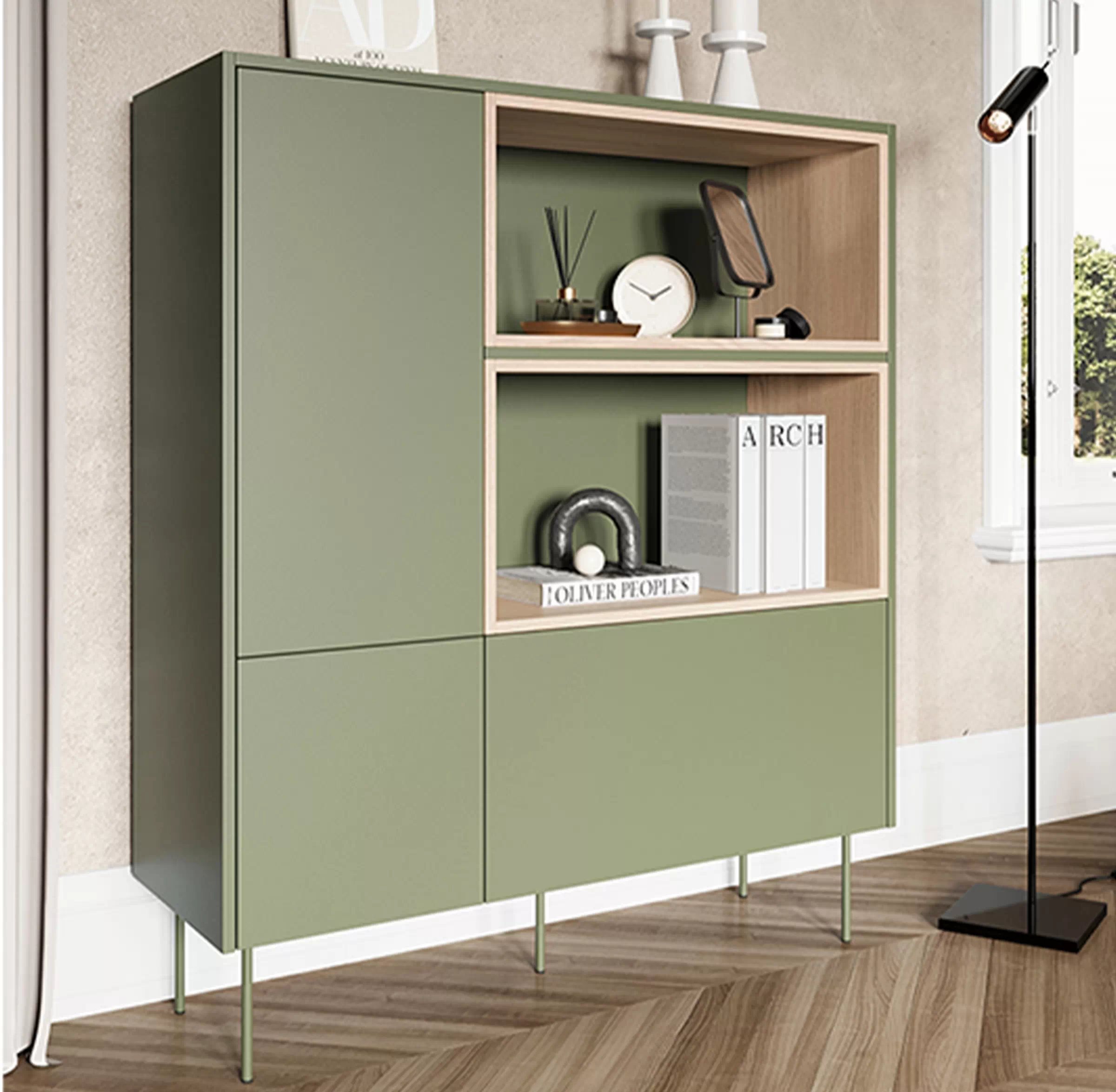 Kredenc Desin 120 cm se dvěma zásuvkami - olivová / dub nagano Komoda vysoká Desin 120 cm z wnekami, szuflada i metalowymi nogami- olivová / dub nagano