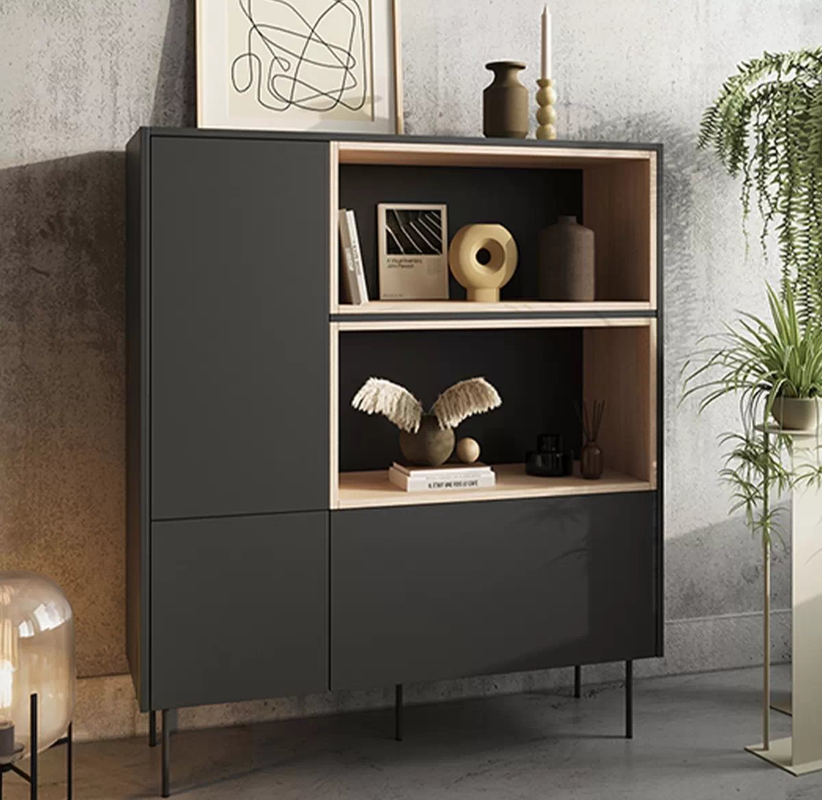 Vysoká komoda Desin 120 cm s otevřenými policemi a zásuvkou - černý mat / dub nagano Komoda vysoká Desin 120 cm z wnekami i szuflada - černá mat / dub nagano