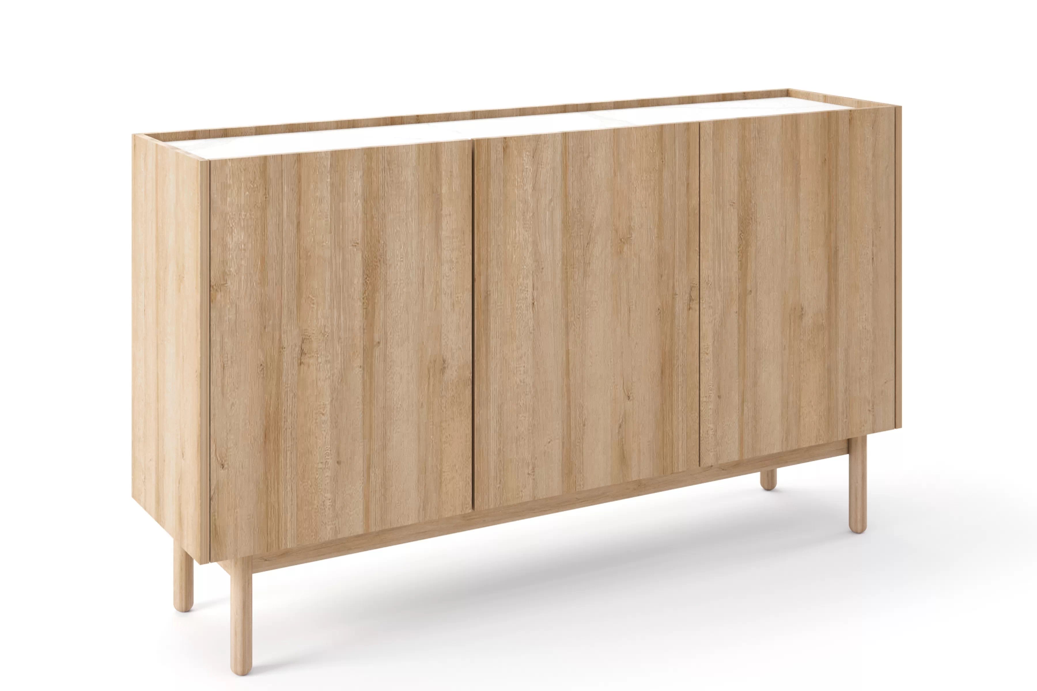 Vysoká komoda Landia 144 cm třídveřová - dub riviera / bílý mramor Komoda vysoká Landia 144 cm třídveřová - dub riviera / bílá mramor