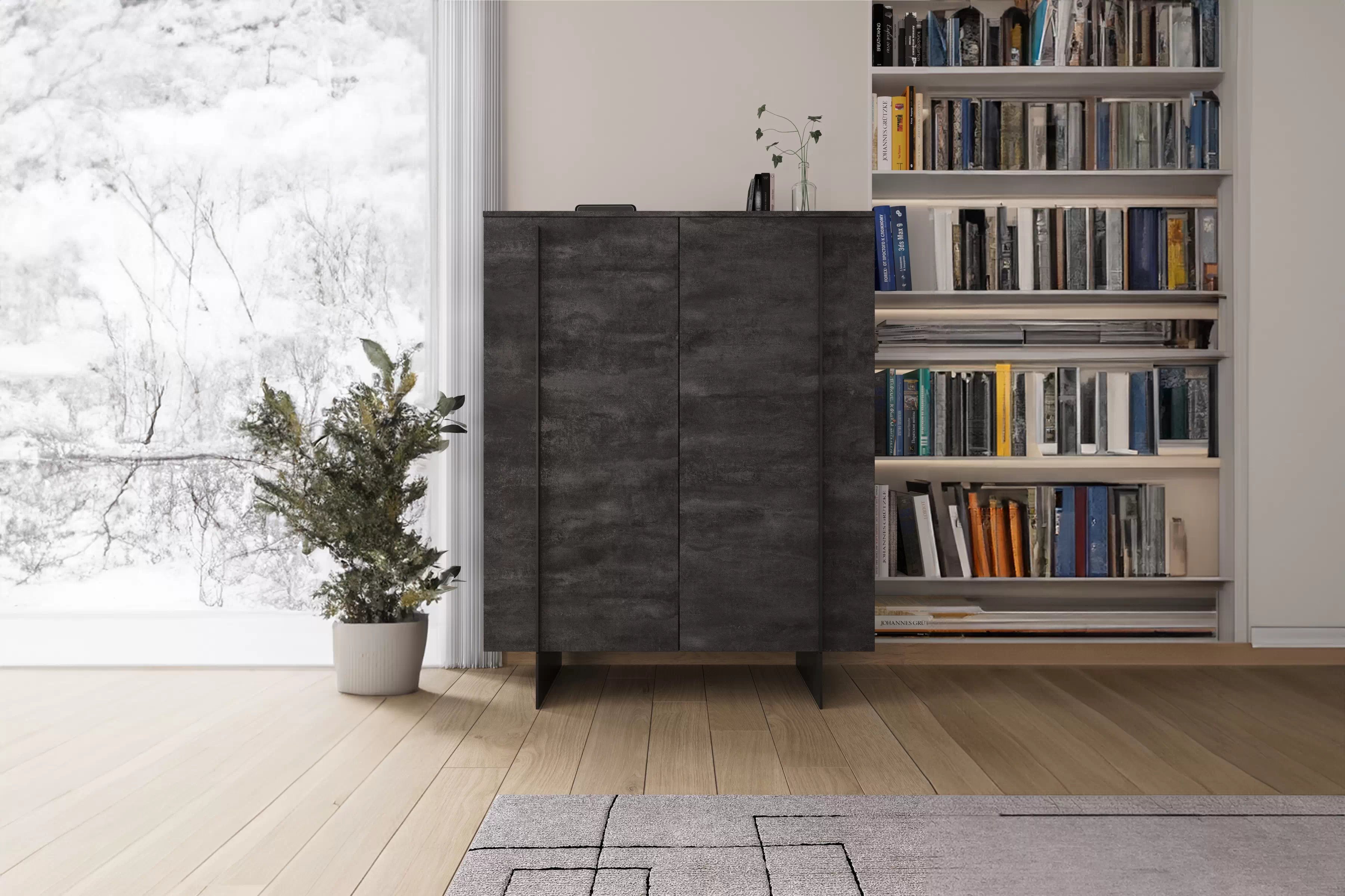 Vysoká komoda Larena 120 cm s dvoma dverami - čierny betón / čierne nohy Komoda vysoká Larena 120 cm dvojdverová - Čierny beton / čierny nozki