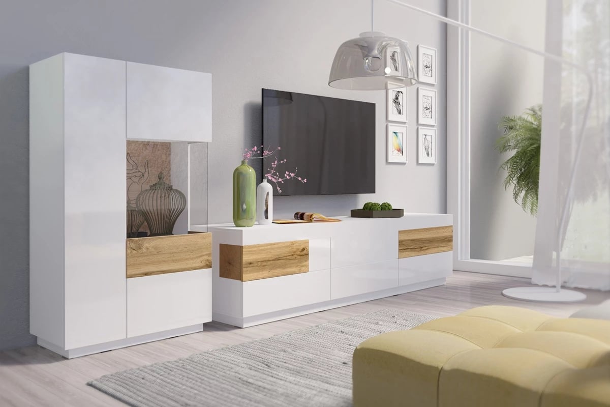 Dvoudveřová vitrína levá Silke 42 - bílý lesk / dub wotan Bílá Obývací stěna