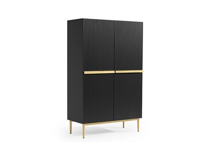 Vysoká komoda Nicole 100 cm dvoudveřová s rýhovaným předním panelem - černá matná / zlaté nožky