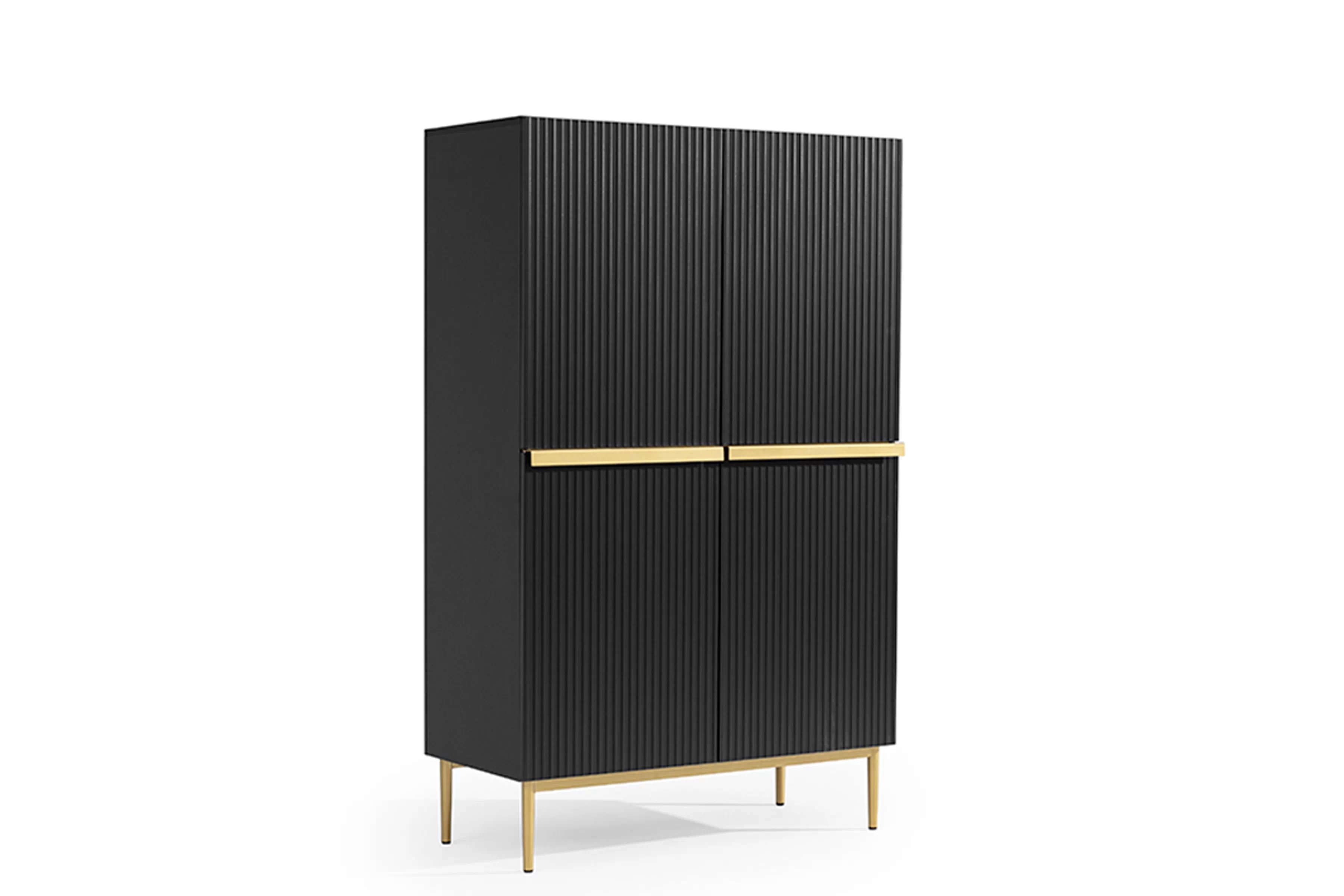 Vysoká komoda Nicole 100 cm dvoudveřová s rýhovaným předním panelem - černá matná / zlaté nožky Komoda vysoká Nicole 100 cm dvoudveřová s frézovanou přední částí - černá mat / zlote nozki
