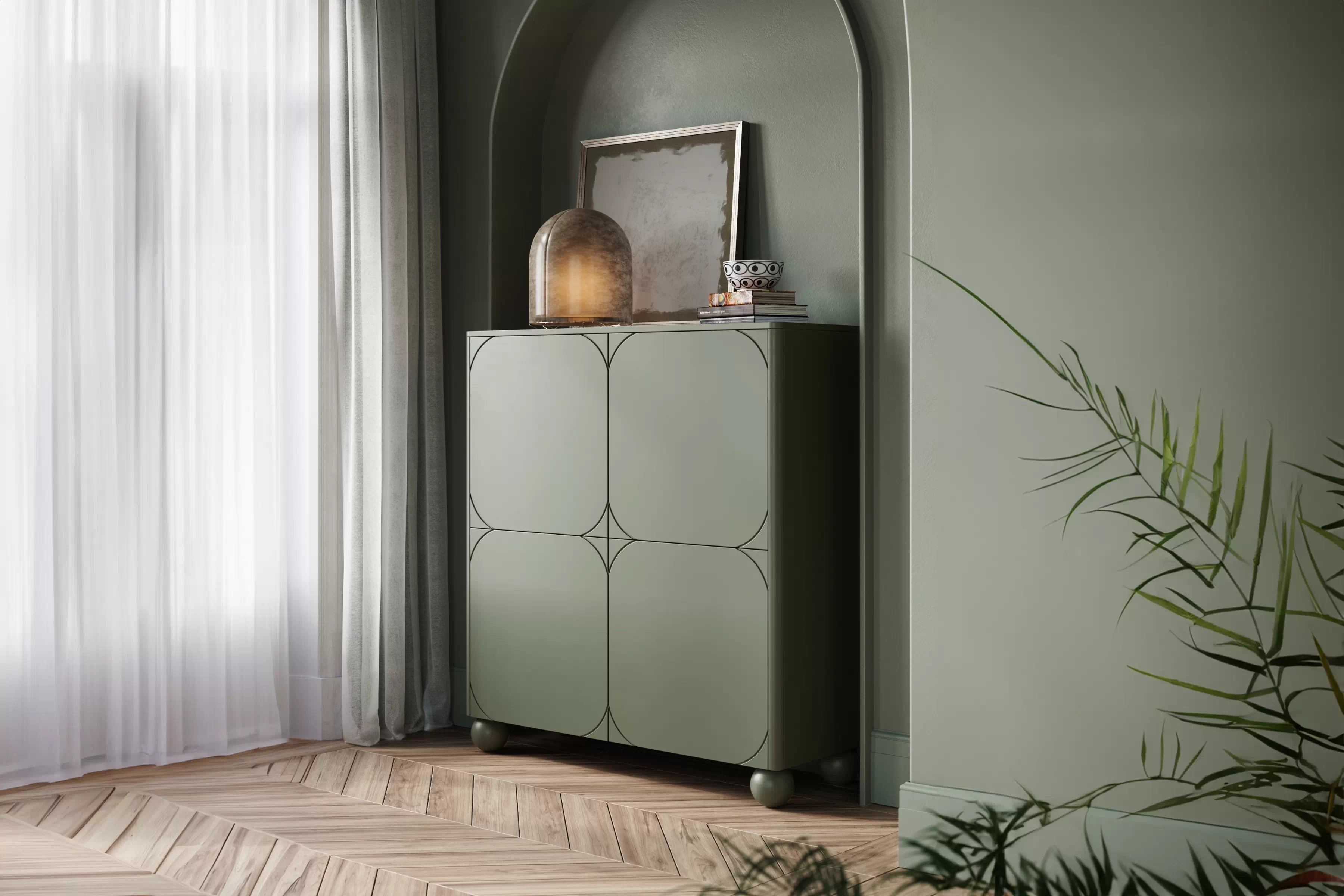 Vysoká komoda Sonatia II 120 cm s dvoma dverami a dvoma skrytými zásuvkami - olivová Komoda vysoká Sonatia II 120 cm dvojdverová s dvoma ukrytymi zásuvkami  - Oliva