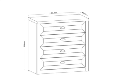 Komoda Prowansja K4 se 4 zásuvkami - borovice andersen Komoda K4 s zásuvkami Prowansja - szkic z wymiarami 