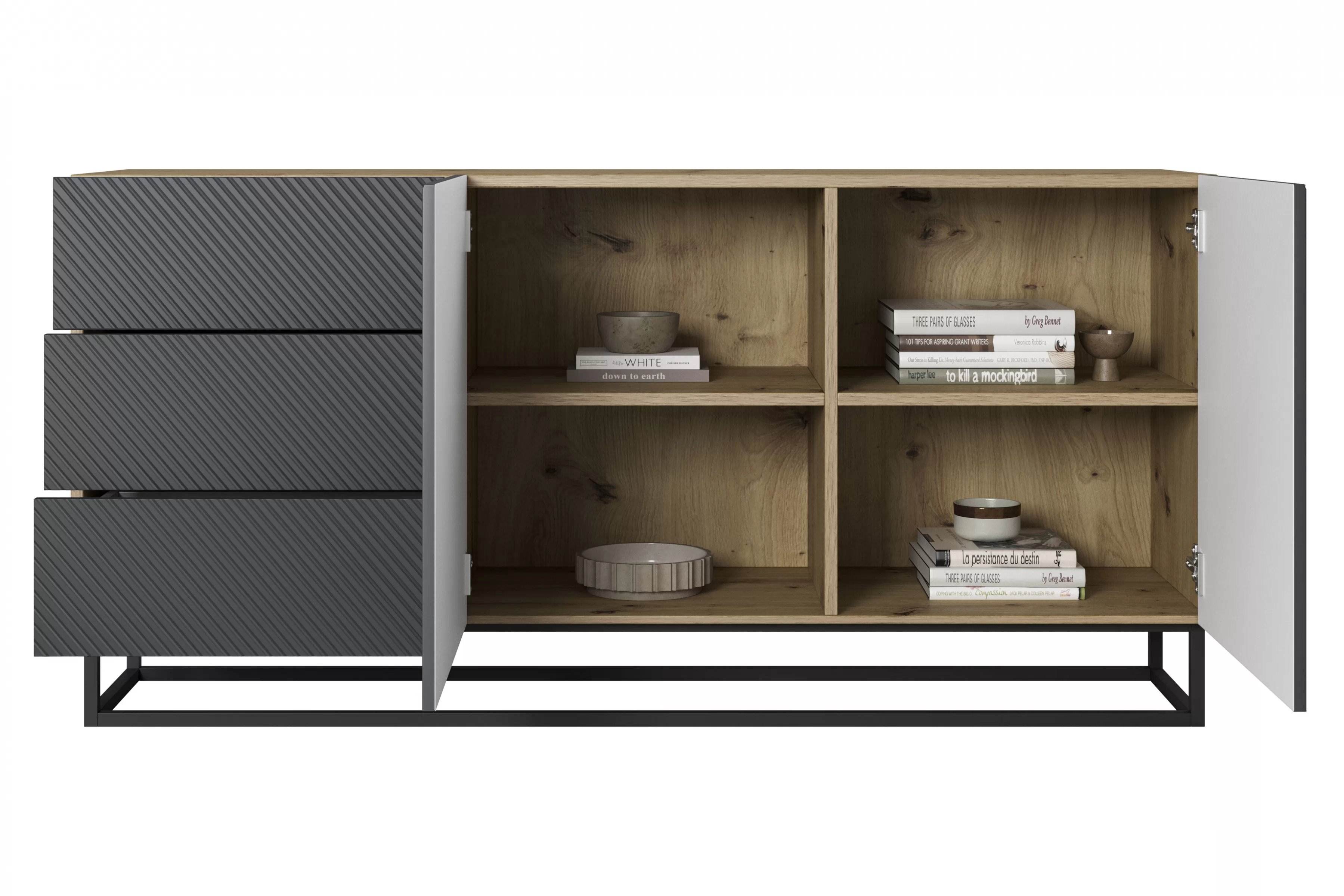 Komoda Asha 167 cm na čiernom podstavci - artisan / rivier stone mat Komoda so zásuvkami Asha 167 cm - artisan / rivier stone mat