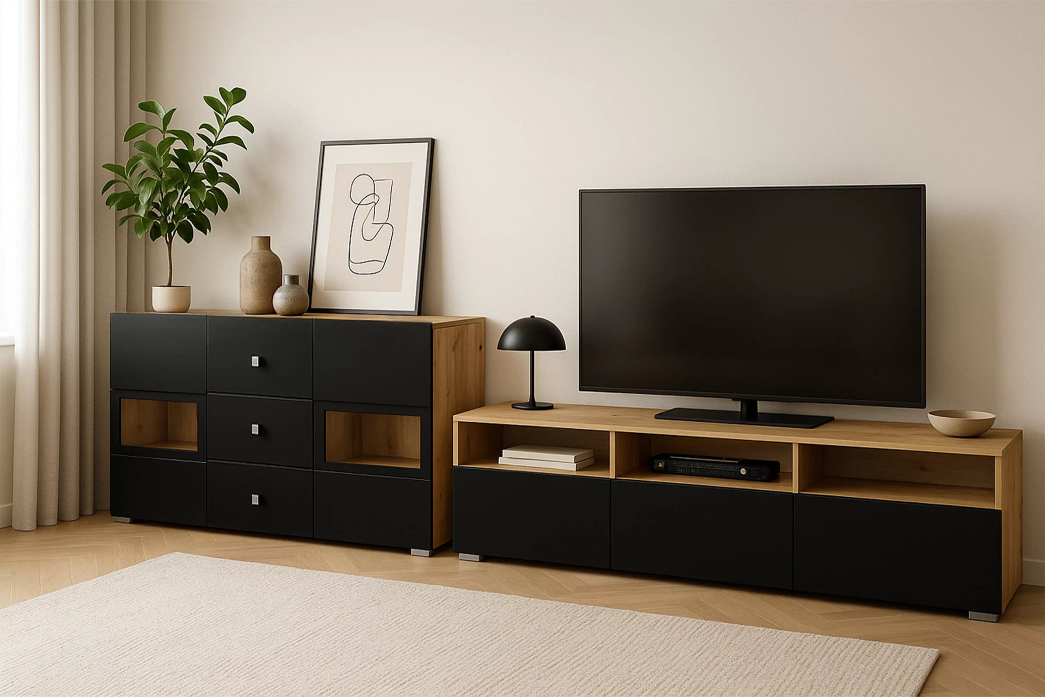 Komoda Baros 132 cm se zásuvkami - dub artisan / černý mat Komoda se zásuvkami Baros 26 - 132 cm - dub artisan / černá mat