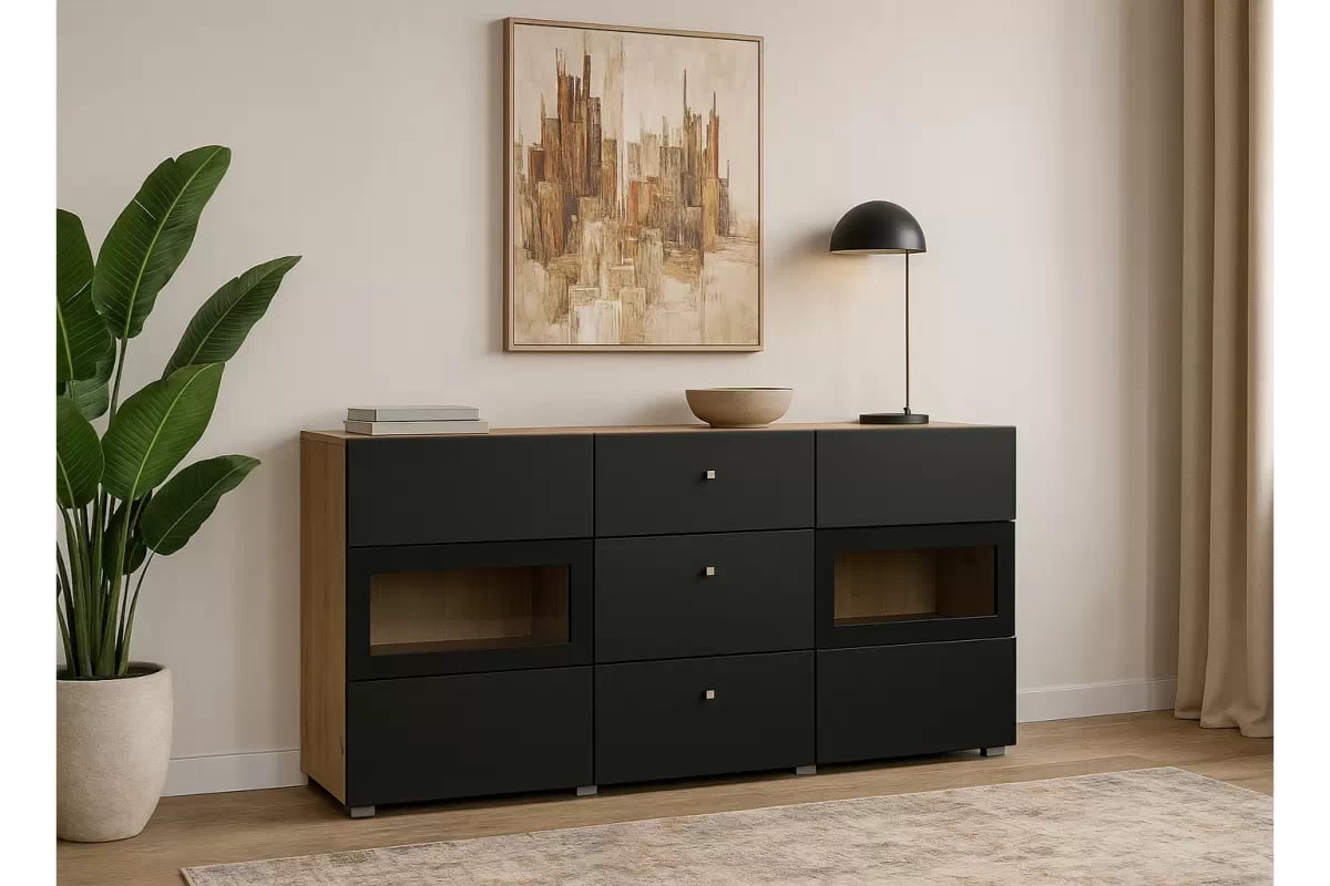 Komoda Baros 132 cm se zásuvkami - dub artisan / černý mat Komoda se zásuvkami Baros 26 - 132 cm - dub artisan / černá mat