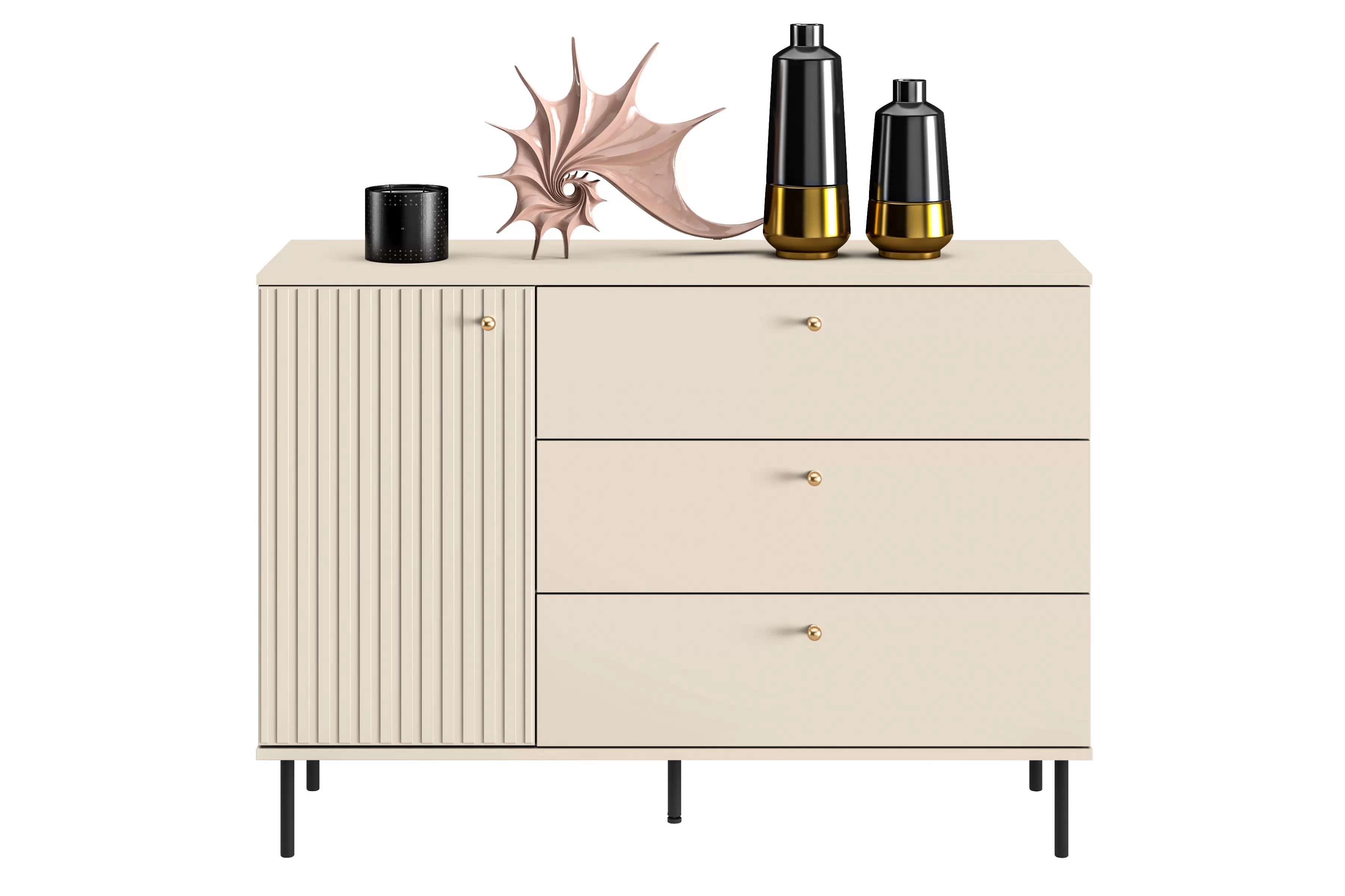 Komoda Jamuzi 120 cm - kašmírová / černé nožky Komoda se zásuvkami Jamuzi 05 s frézovanou přední částí - kašmír / černá nozki