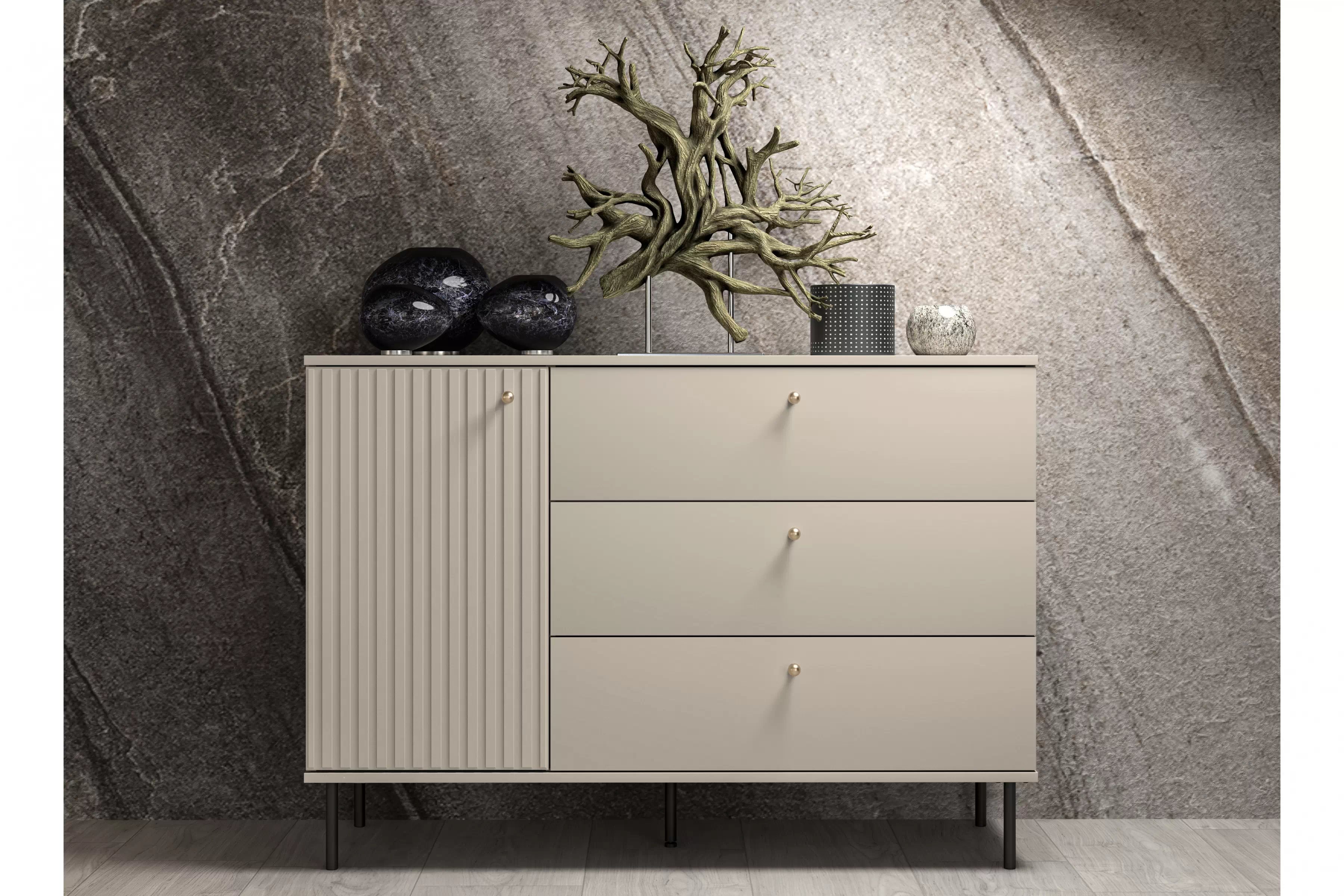 Komoda Jamuzi 120 cm - kašmírová / černé nožky Komoda se zásuvkami Jamuzi 05 s frézovanou přední částí - kašmír / černá nozki