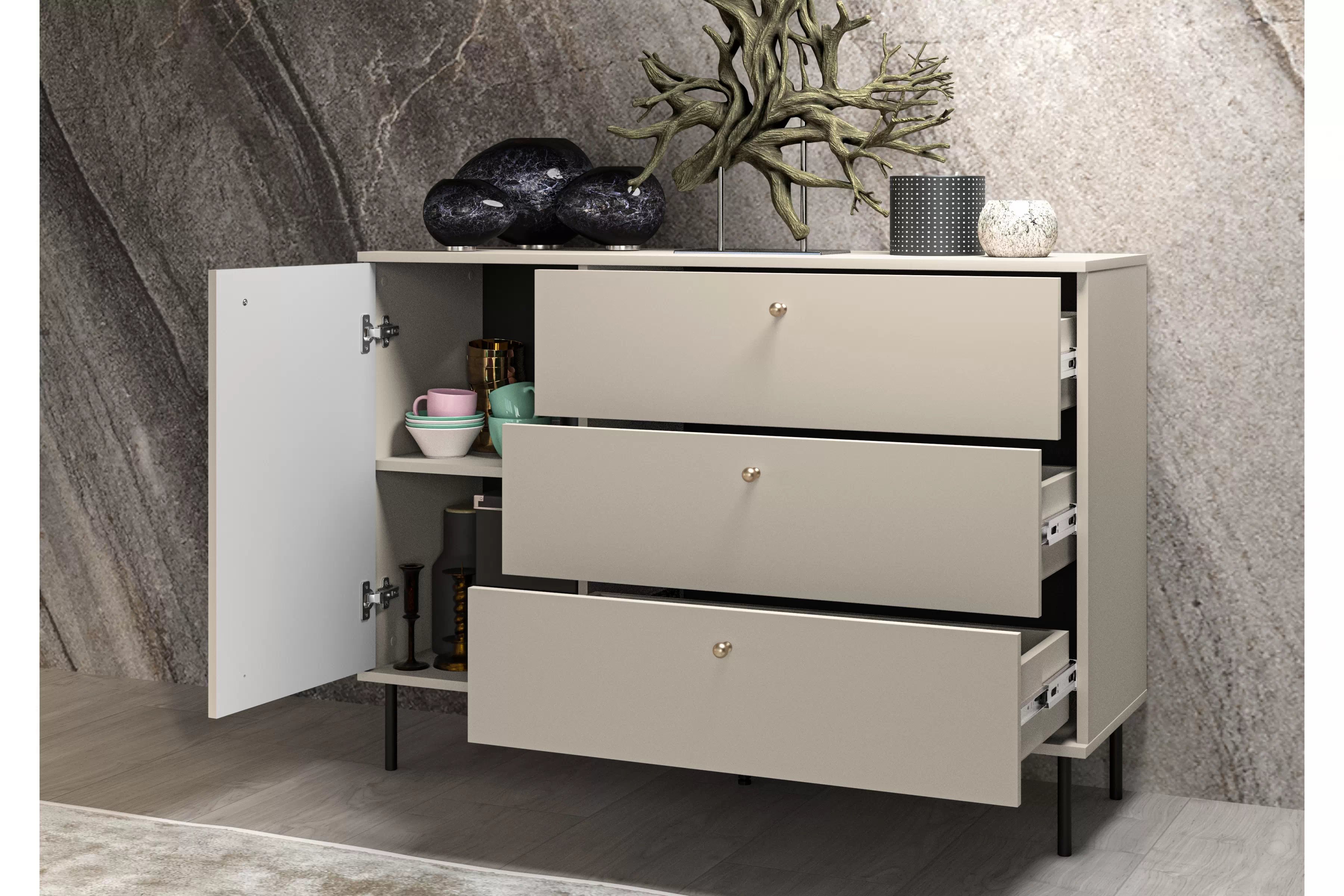 Komoda Jamuzi 120 cm - kašmírová / černé nožky Komoda se zásuvkami Jamuzi 05 s frézovanou přední částí - kašmír / černá nozki