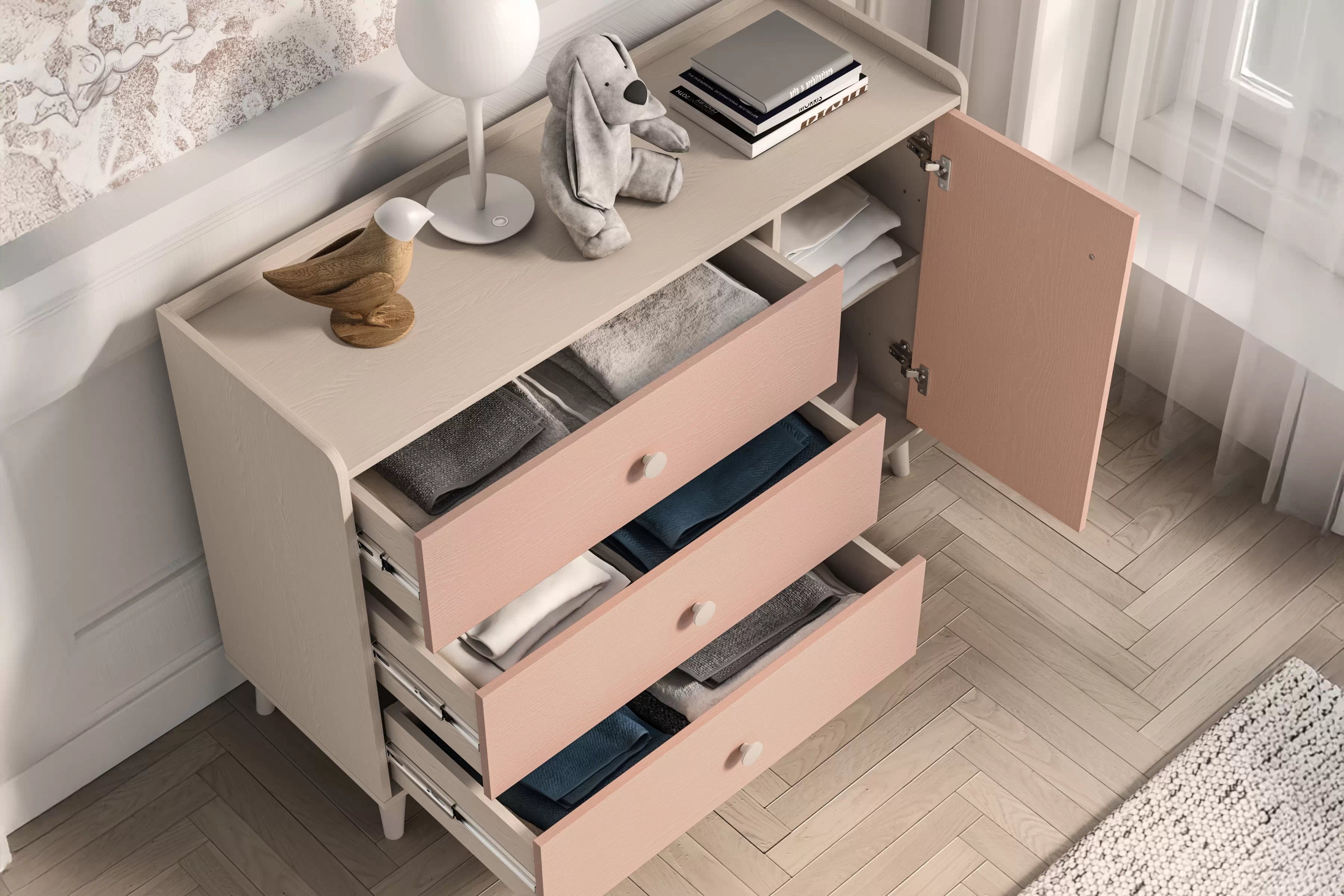 Dětská komoda Marla se zásuvkami 120 cm - pouštní písek / růžová Komoda se zásuvkami Marla 120 cm - piasek pustyni / millenial pink