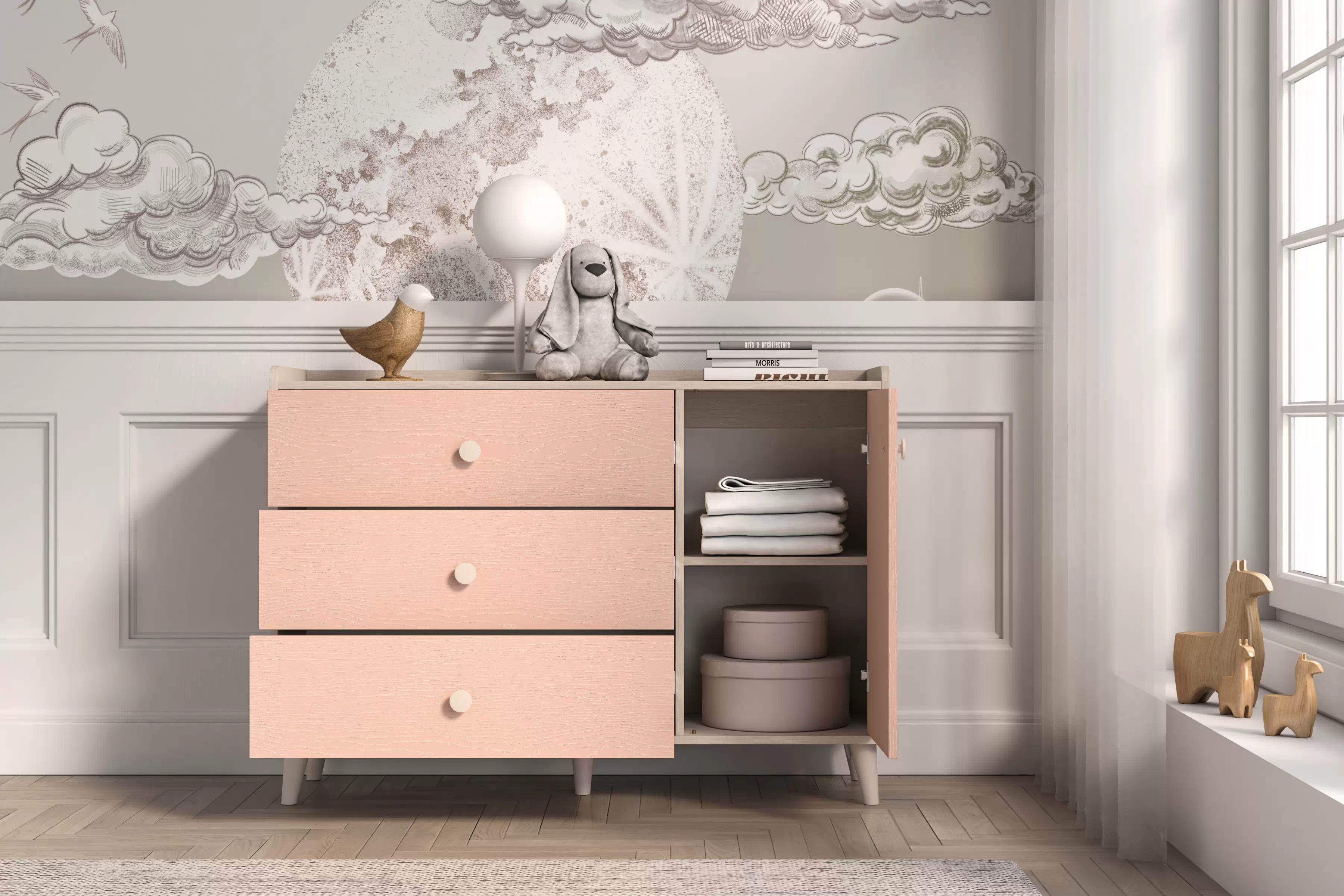 Dětská komoda Marla se zásuvkami 120 cm - pouštní písek / růžová Komoda se zásuvkami Marla 120 cm - piasek pustyni / millenial pink