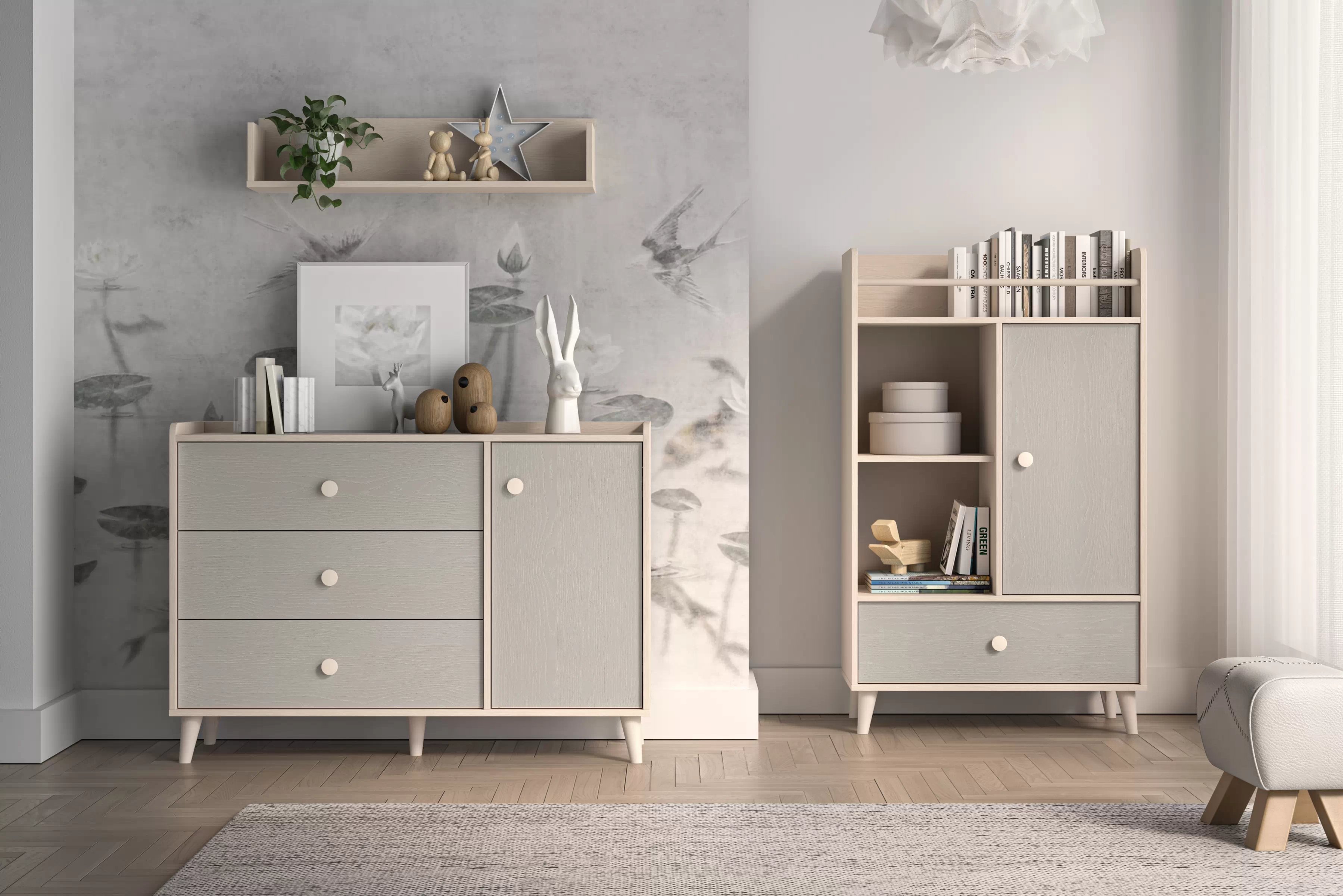 Komoda do detskej izby Marla 120 cm - púštny piesok / sivá Komoda so zásuvkami Marla 120 cm - piasek pustyni / šedý pallad