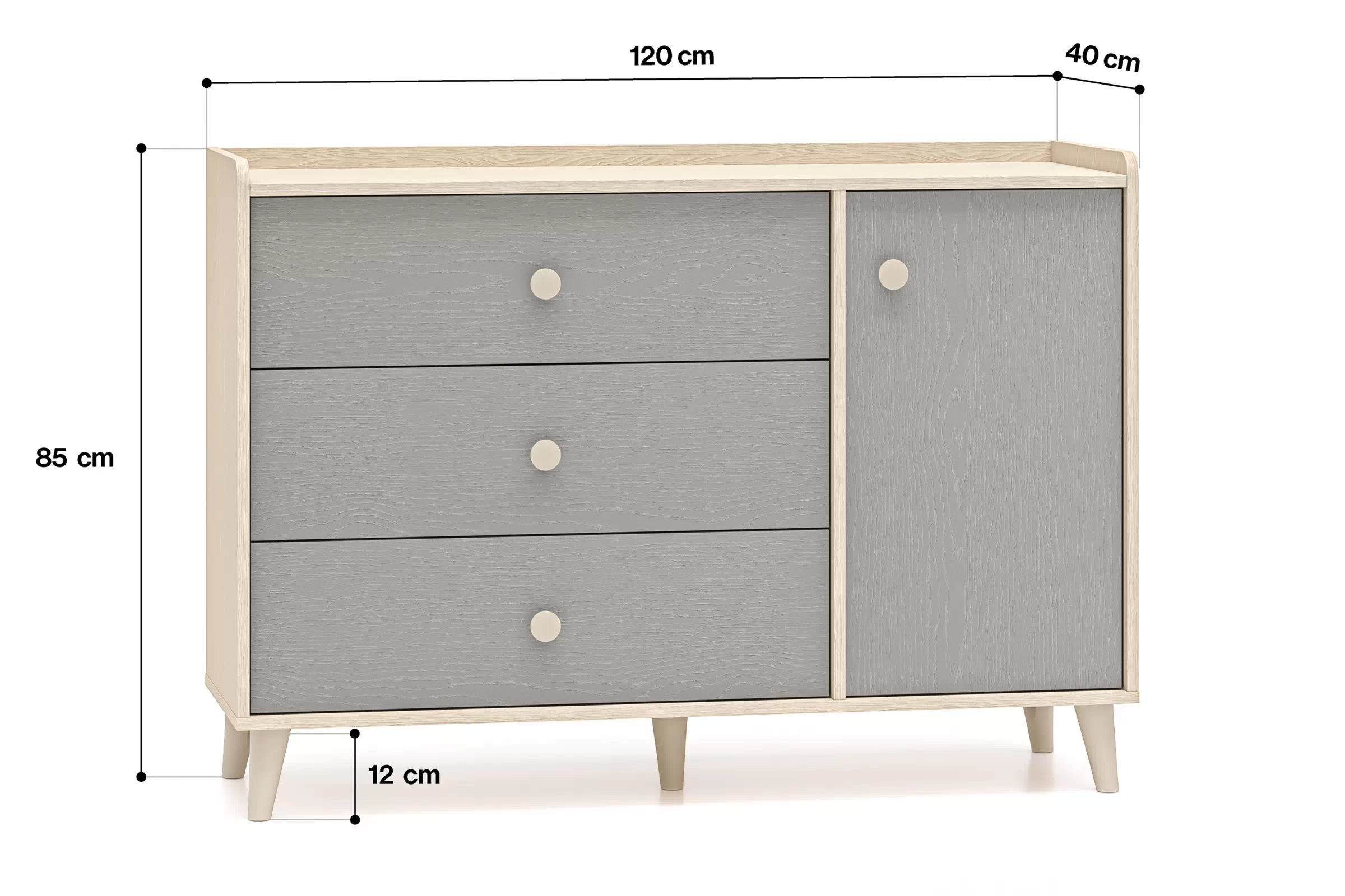 Komoda do detskej izby Marla 120 cm - púštny piesok / sivá Komoda so zásuvkami Marla 120 cm - piasek pustyni / šedý pallad