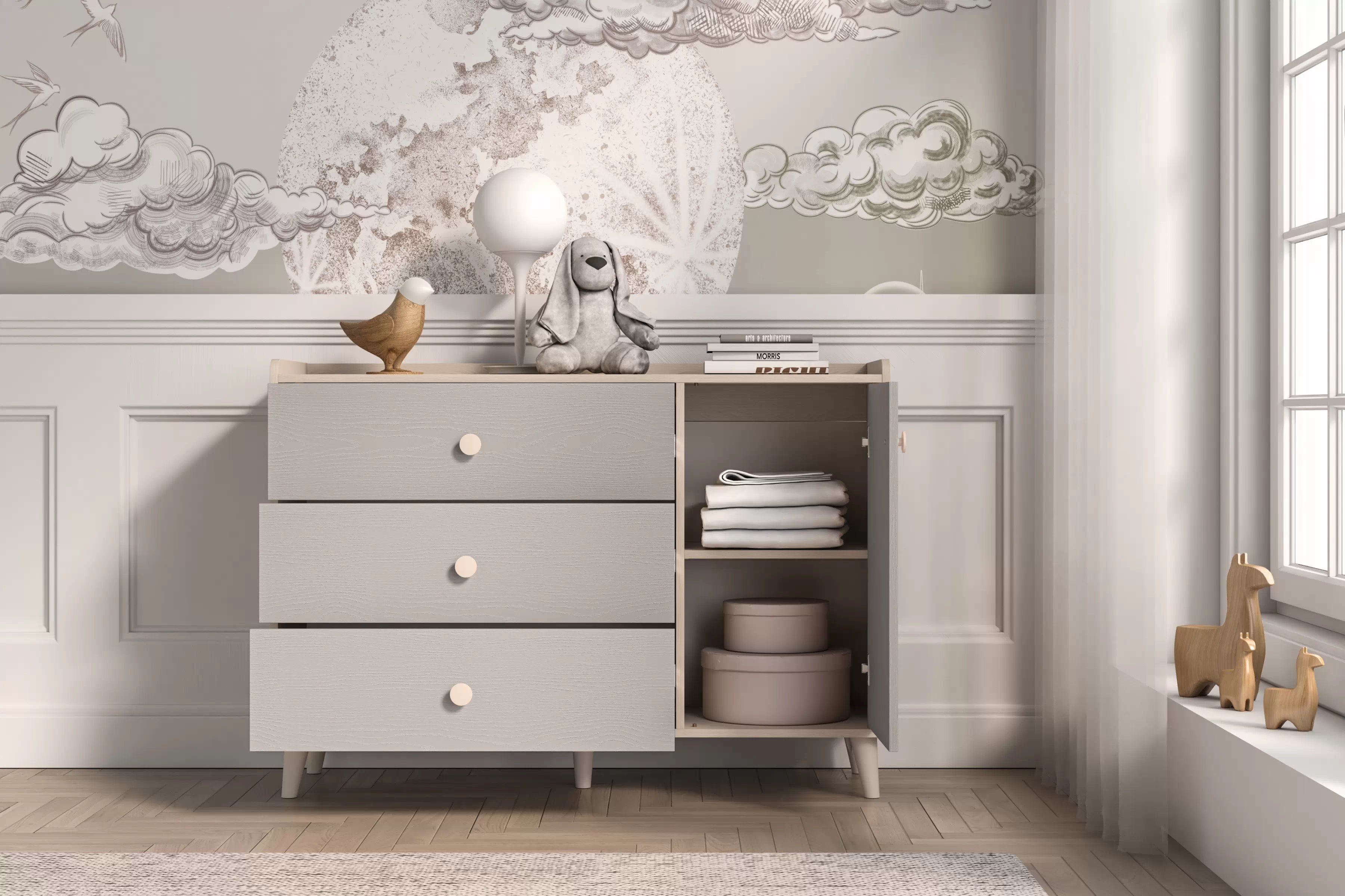 Komoda do detskej izby Marla 120 cm - púštny piesok / sivá Komoda so zásuvkami Marla 120 cm - piasek pustyni / šedý pallad