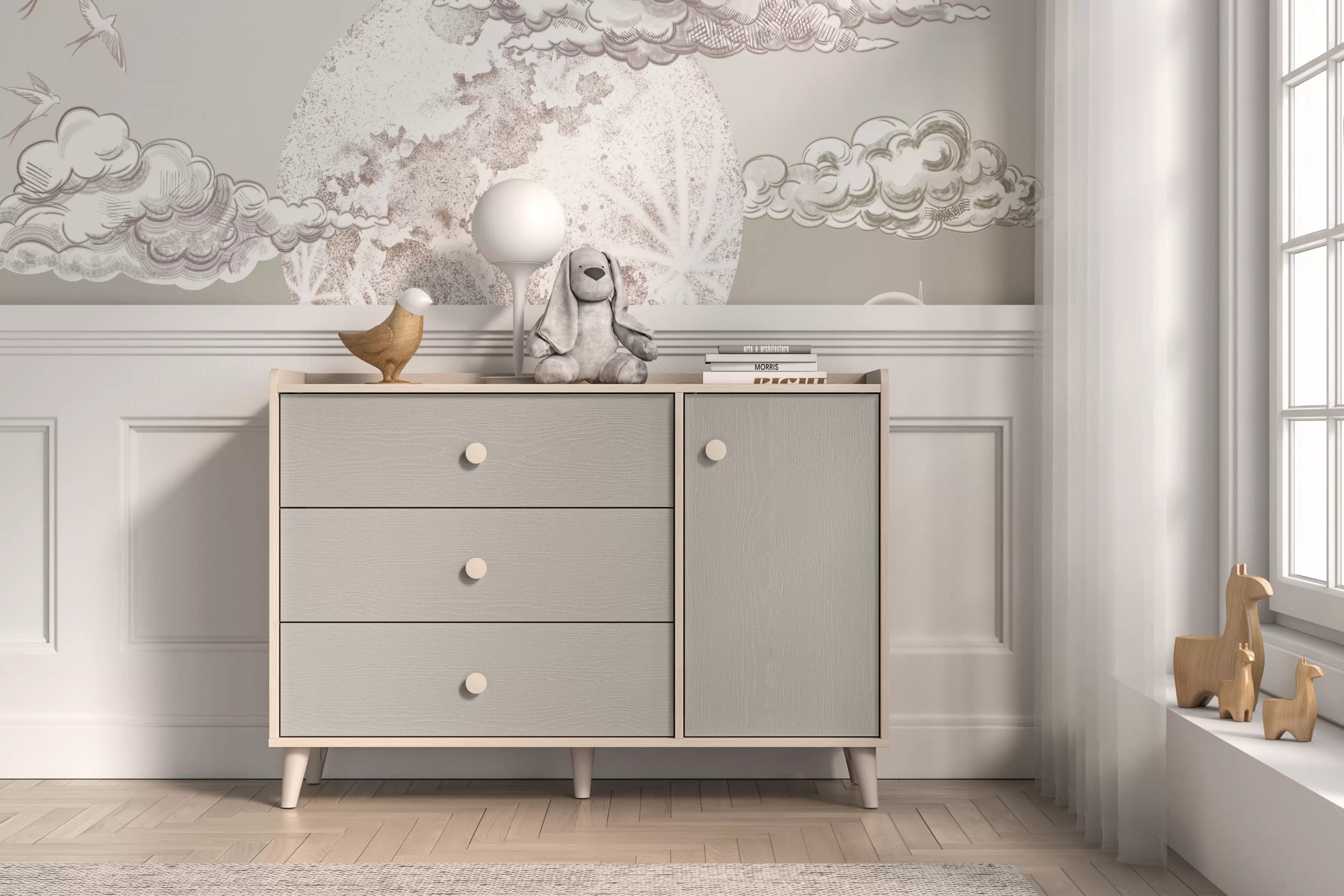 Komoda do detskej izby Marla 120 cm - púštny piesok / sivá Komoda so zásuvkami Marla 120 cm - piasek pustyni / šedý pallad