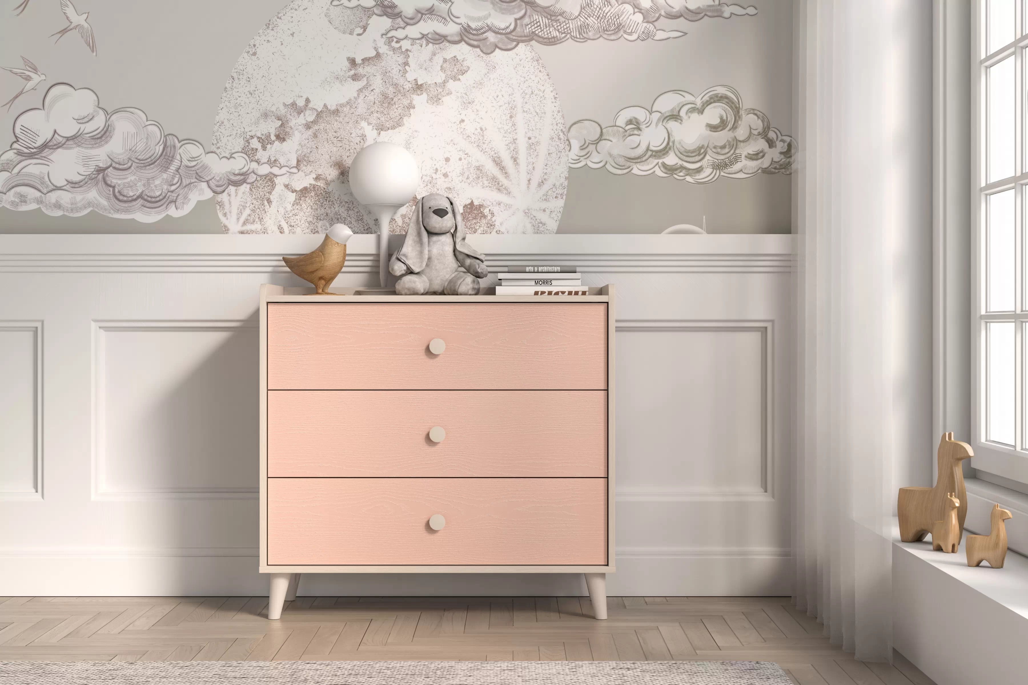 Komoda do detskej izbe Marla 90 cm - púštny piesok / ružová Komoda so zásuvkami Marla 90 cm - piasek pustyni / millenial pink