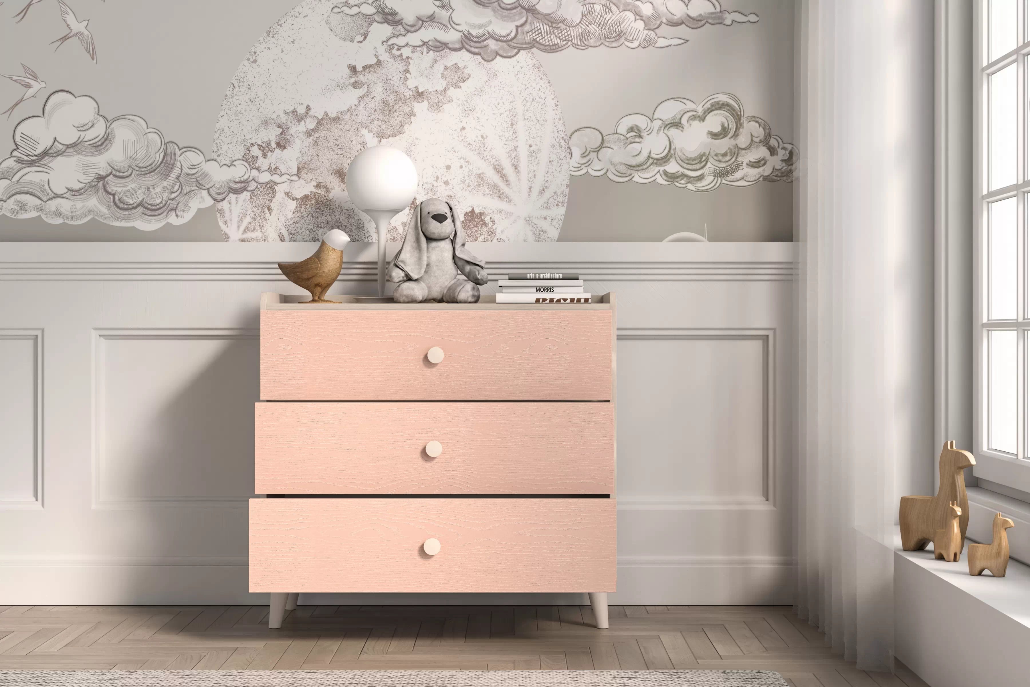 Komoda do detskej izbe Marla 90 cm - púštny piesok / ružová Komoda so zásuvkami Marla 90 cm - piasek pustyni / millenial pink