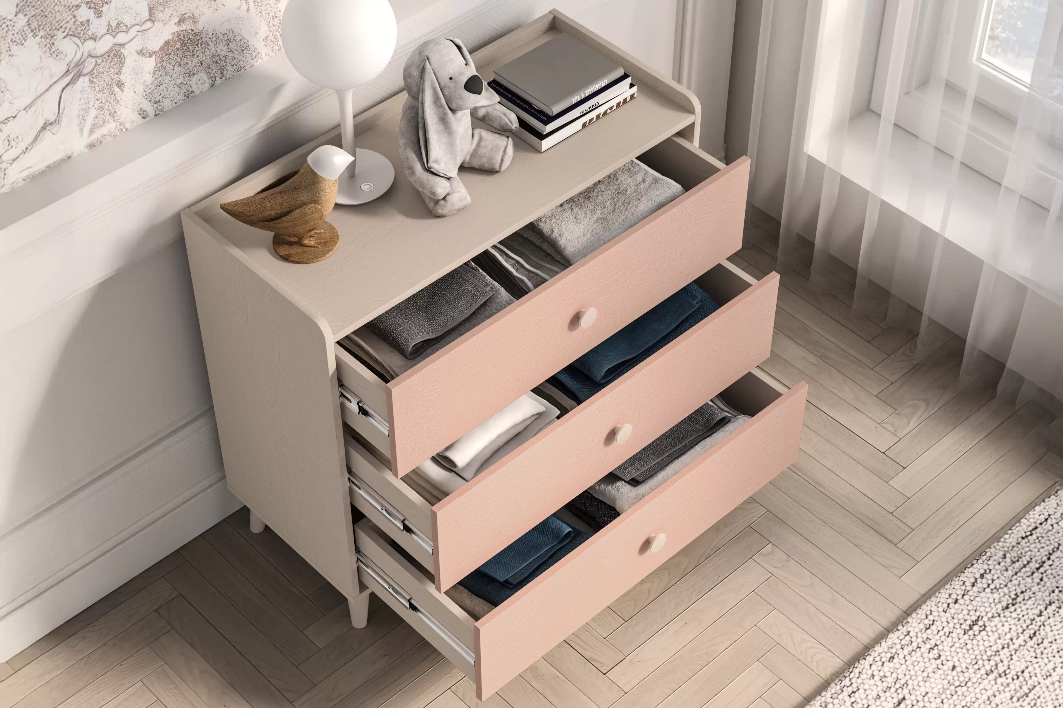 Komoda do detskej izbe Marla 90 cm - púštny piesok / ružová Komoda so zásuvkami Marla 90 cm - piasek pustyni / millenial pink