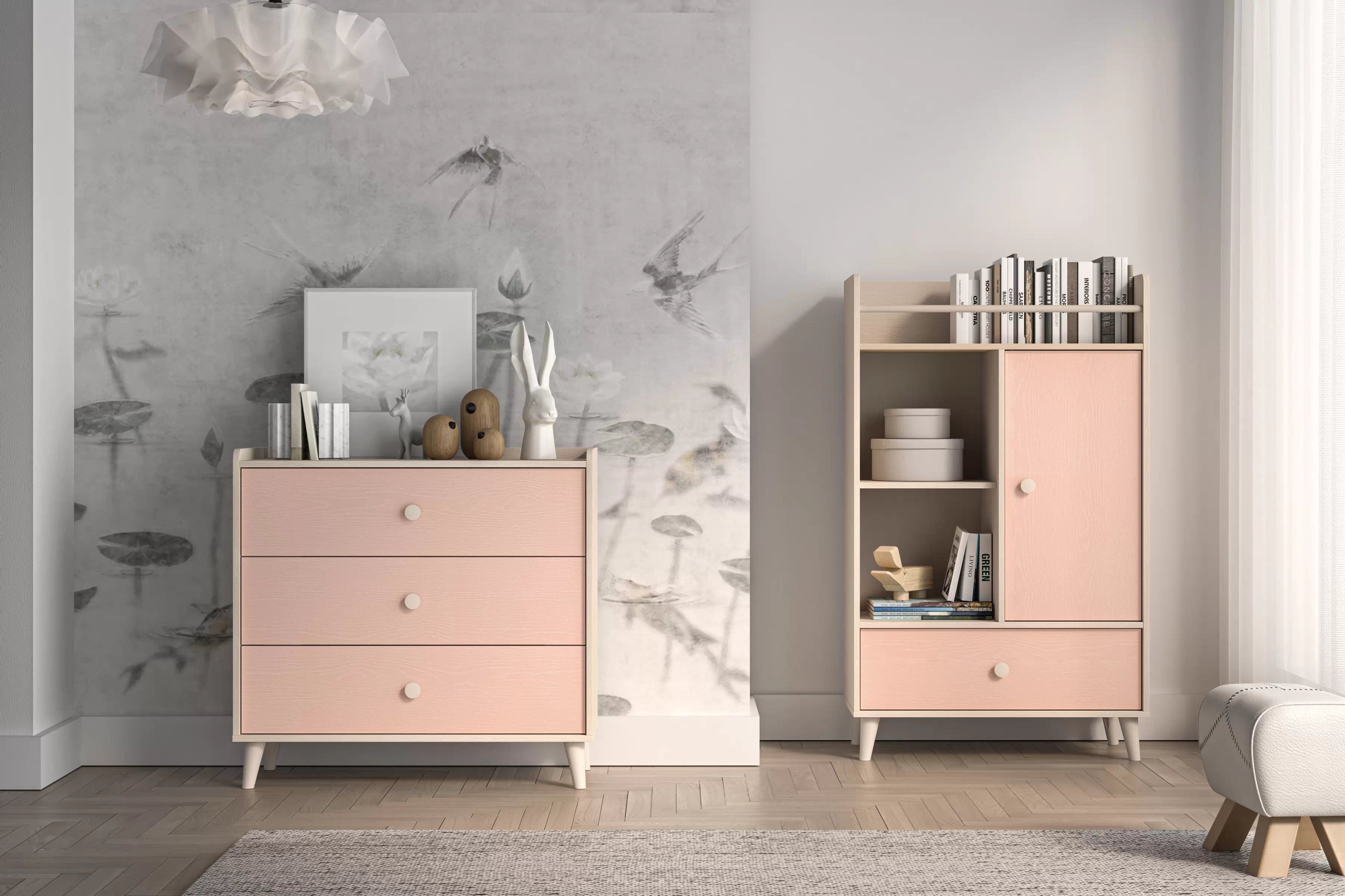 Komoda do detskej izbe Marla 90 cm - púštny piesok / ružová Komoda so zásuvkami Marla 90 cm - piasek pustyni / millenial pink