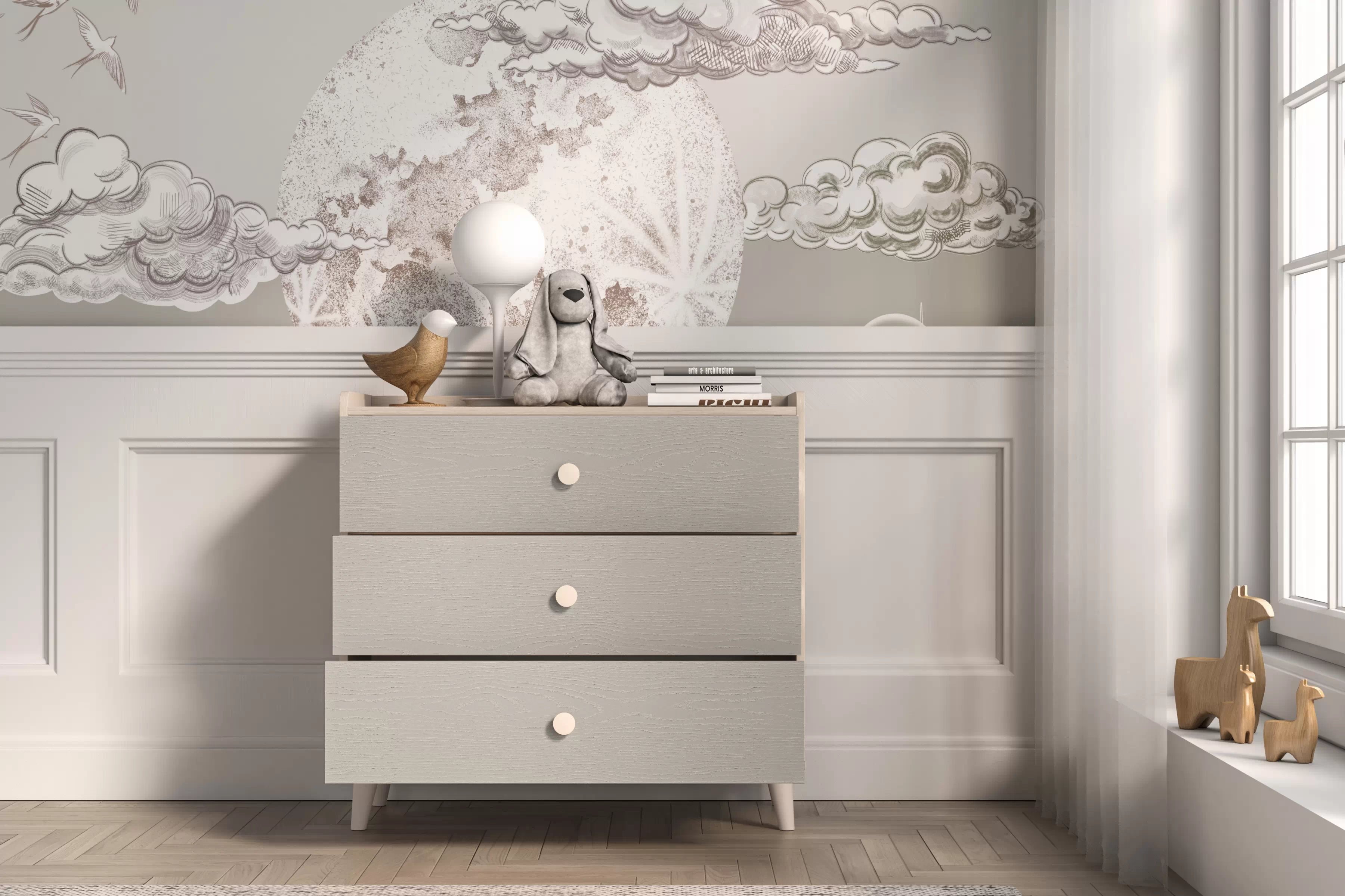 Komoda do detskej izby Marla 90 cm - púštny piesok / sivá Komoda so zásuvkami Marla 90 cm - piasek pustyni / šedý pallad