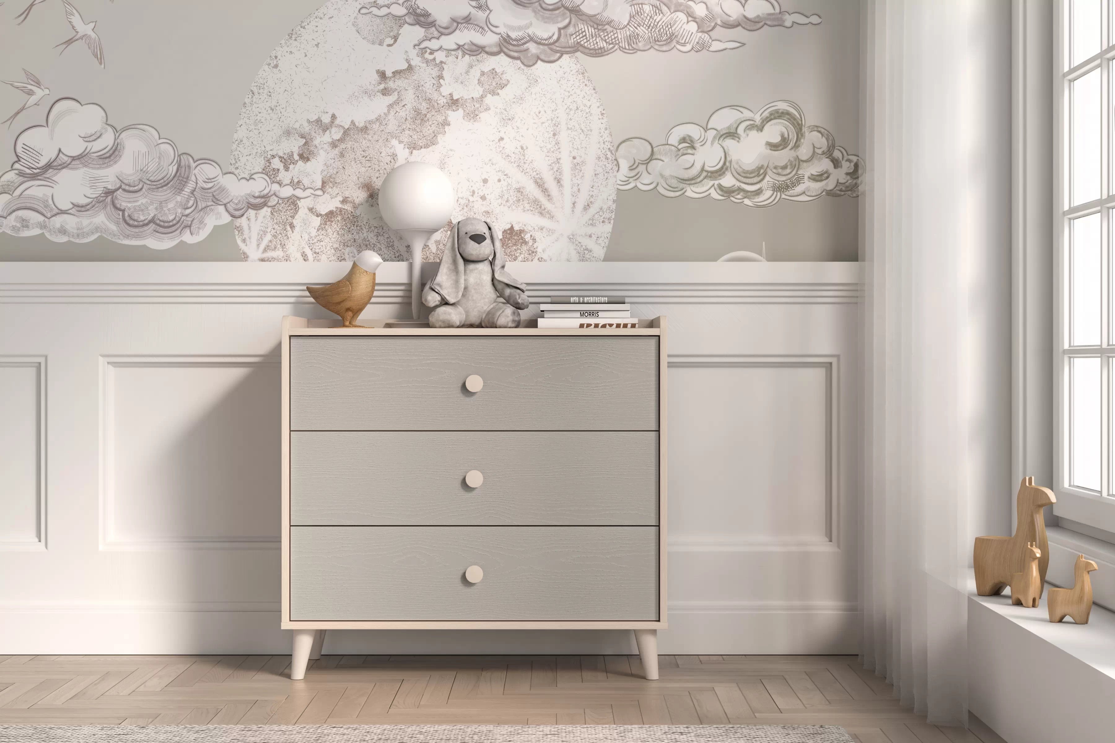 Komoda do detskej izby Marla 90 cm - púštny piesok / sivá Komoda so zásuvkami Marla 90 cm - piasek pustyni / šedý pallad