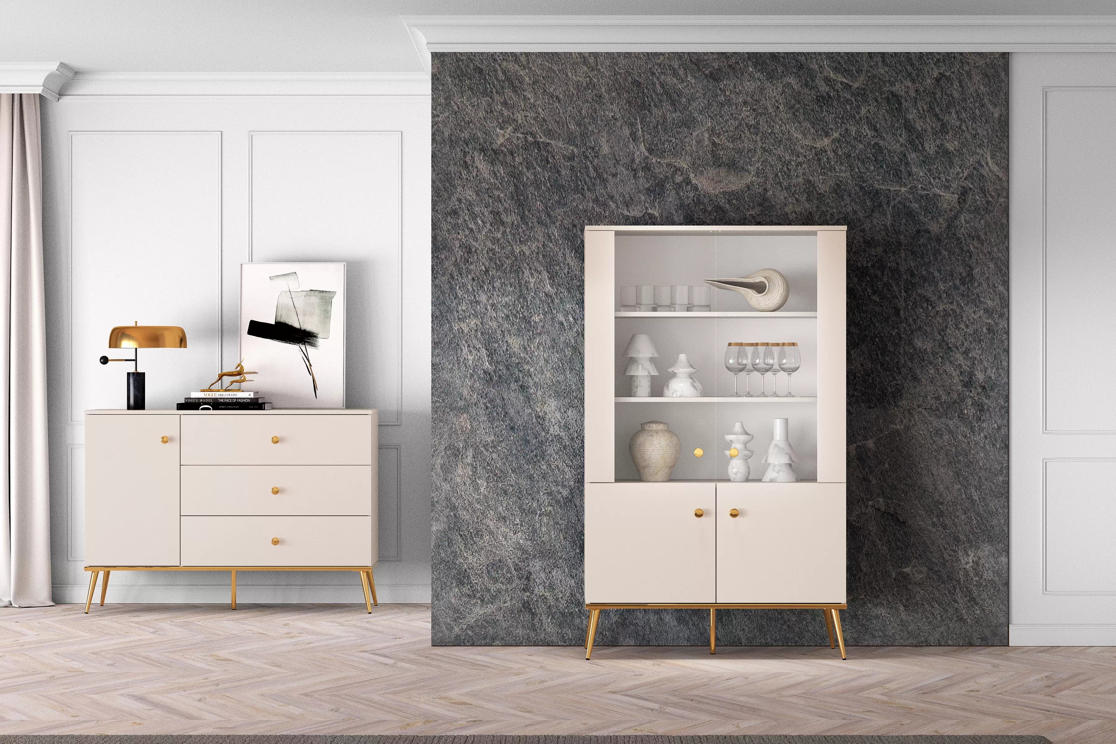 Komoda Narelli 04 so zásuvkami 120 cm - kašmír / zlaté nožičky Komoda so zásuvkami Narelli 04 - kašmír / zlote nožičky