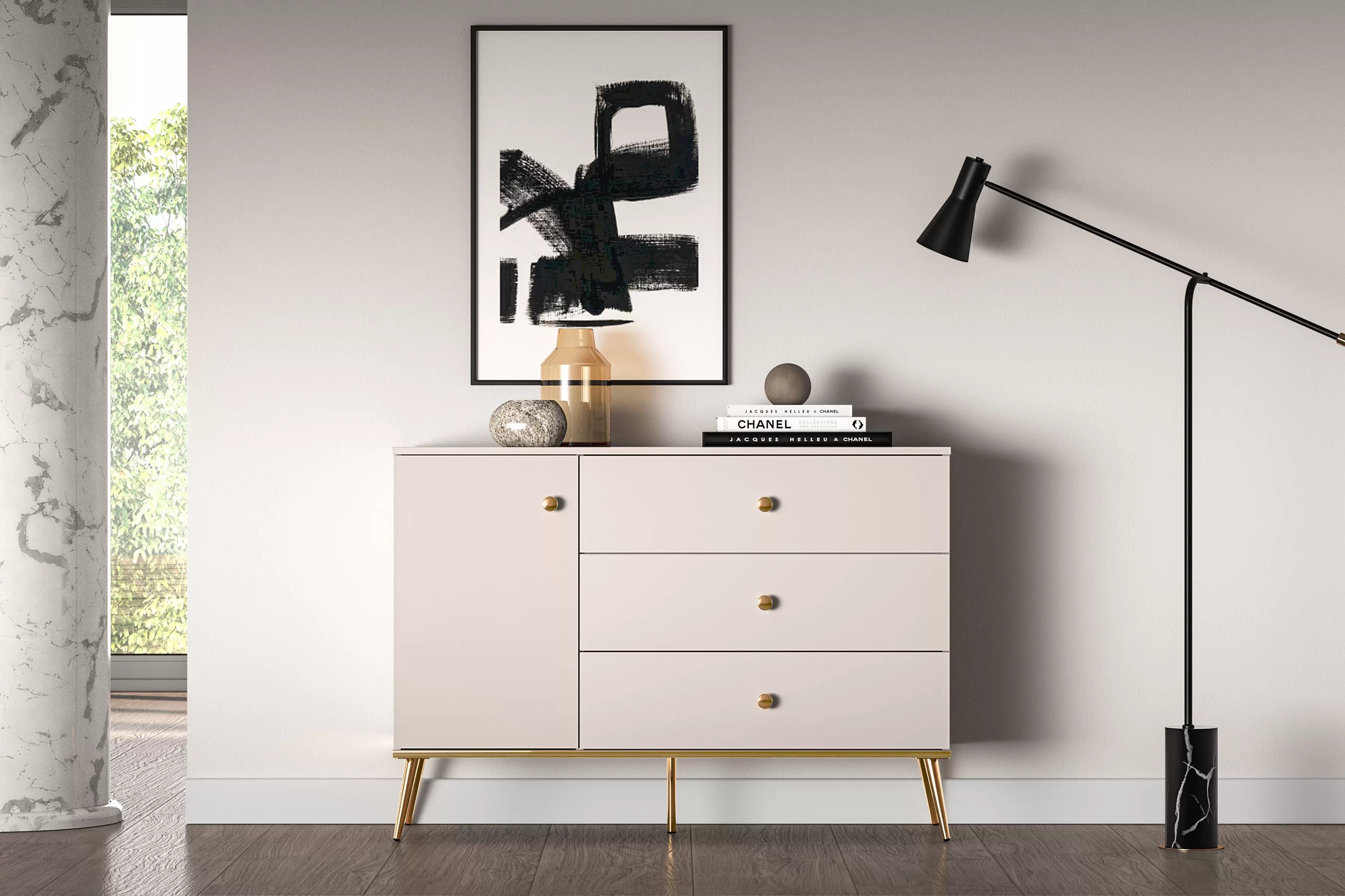 Komoda Narelli 04 so zásuvkami 120 cm - kašmír / zlaté nožičky Komoda so zásuvkami Narelli 04 - kašmír / zlote nožičky