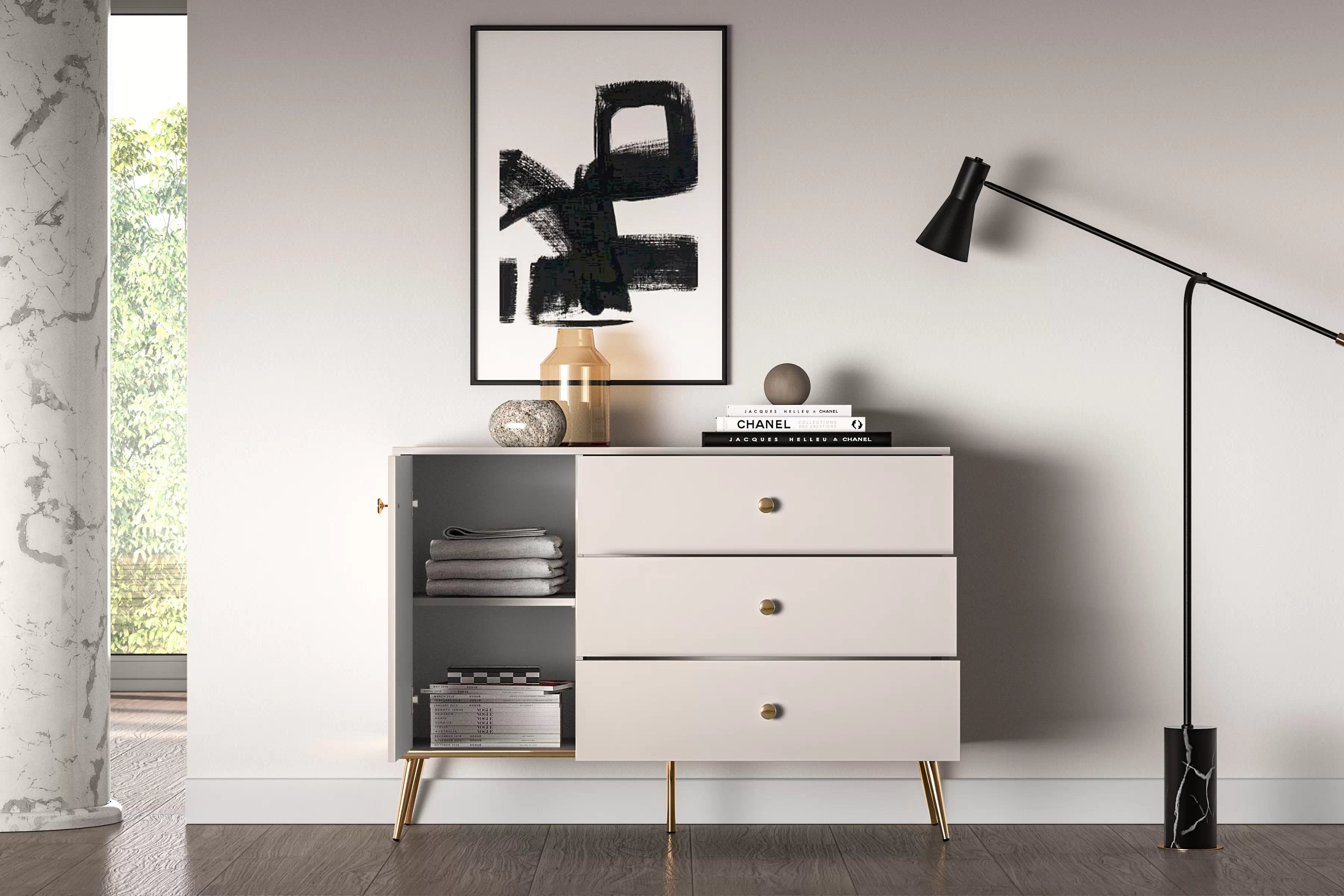 Komoda Narelli 04 so zásuvkami 120 cm - kašmír / zlaté nožičky Komoda so zásuvkami Narelli 04 - kašmír / zlote nožičky