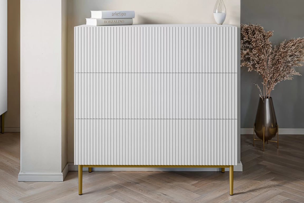 Komoda Nicole 100 cm - biely mat / zlatá Komoda so zásuvkami Nicole 100 cm - biely mat / zlote nozki