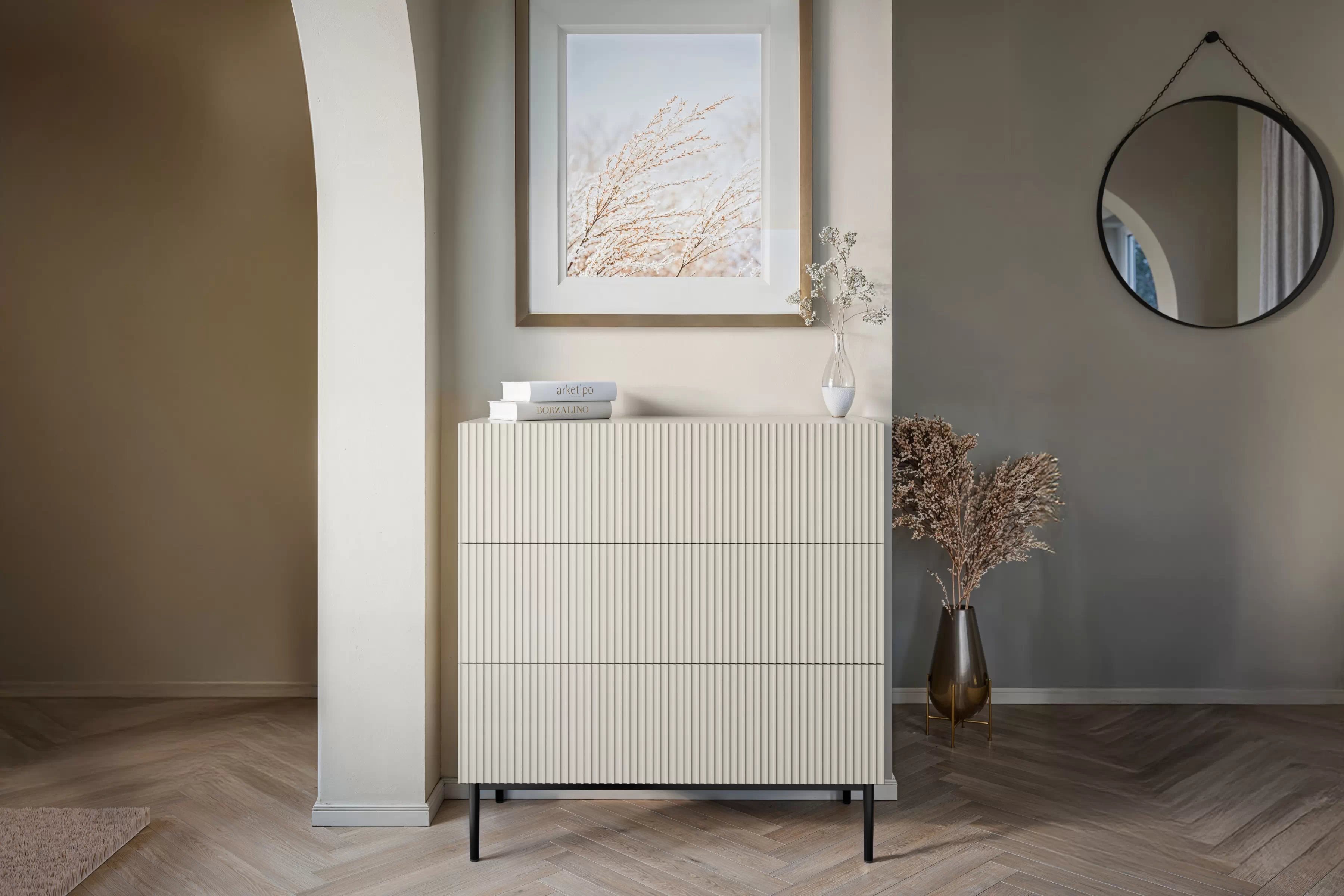 Komoda Nicole 100 cm - kašmírová / čierna Komoda so zásuvkami Nicole 100 cm - kašmír / čierny nozki