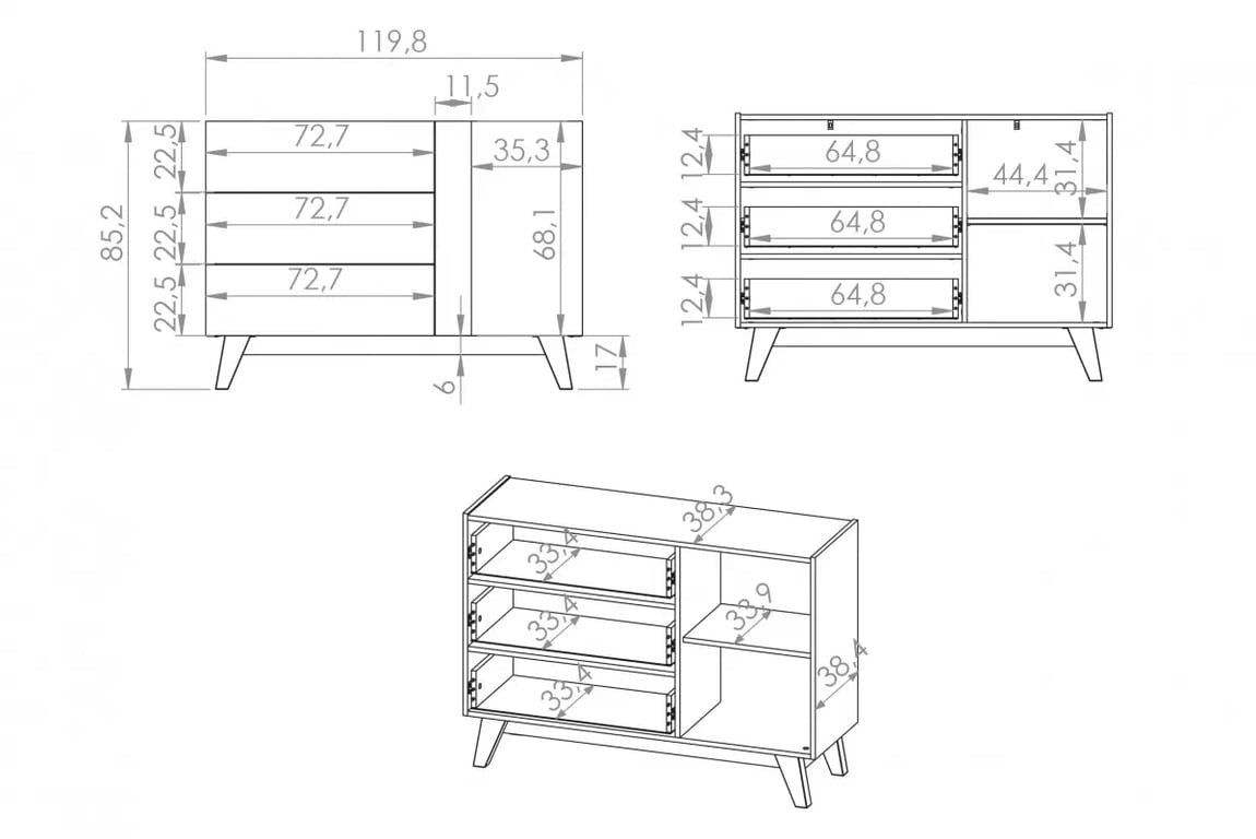 Salio komód 120 cm - kasmír / fekete Komod fiokokkal Salio 120 cm - kasmír / fekete