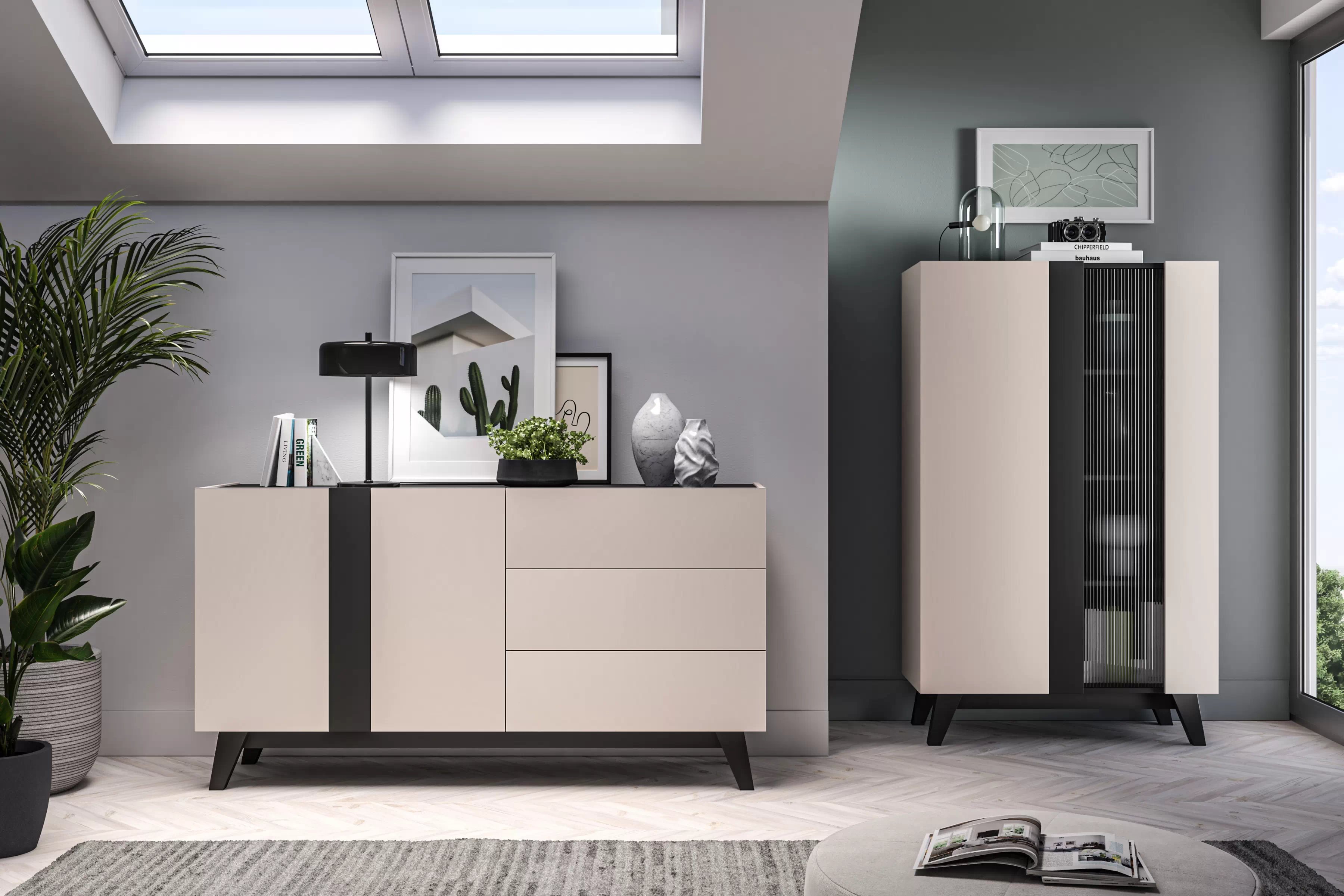 Komoda Salio 160 cm dvojdverová so zásuvkami - kašmír / čierna Komoda so zásuvkami Salio 160 cm - kašmír / Čierny