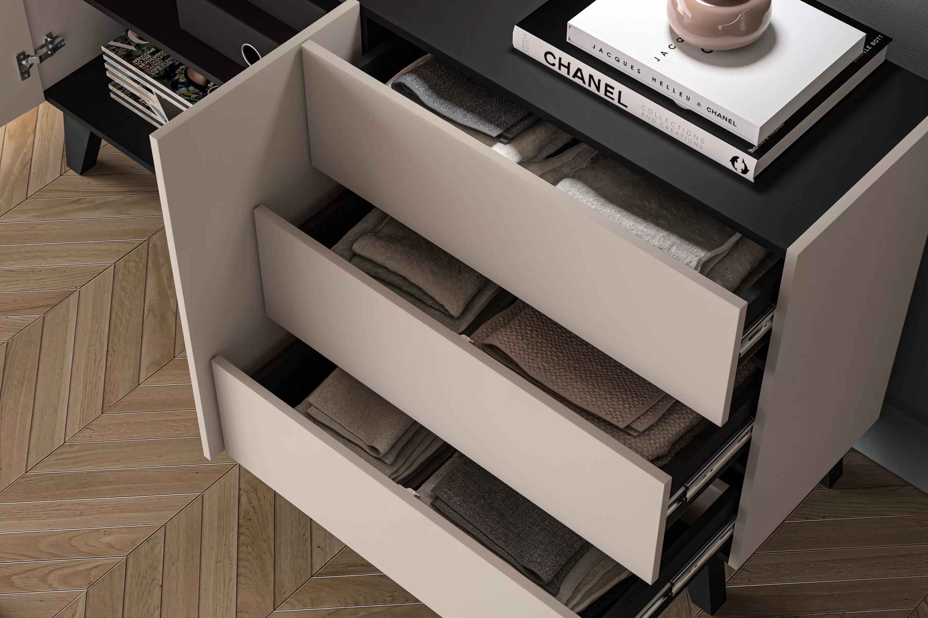 Komoda Salio 160 cm dvojdverová so zásuvkami - kašmír / čierna Komoda so zásuvkami Salio 160 cm - kašmír / Čierny