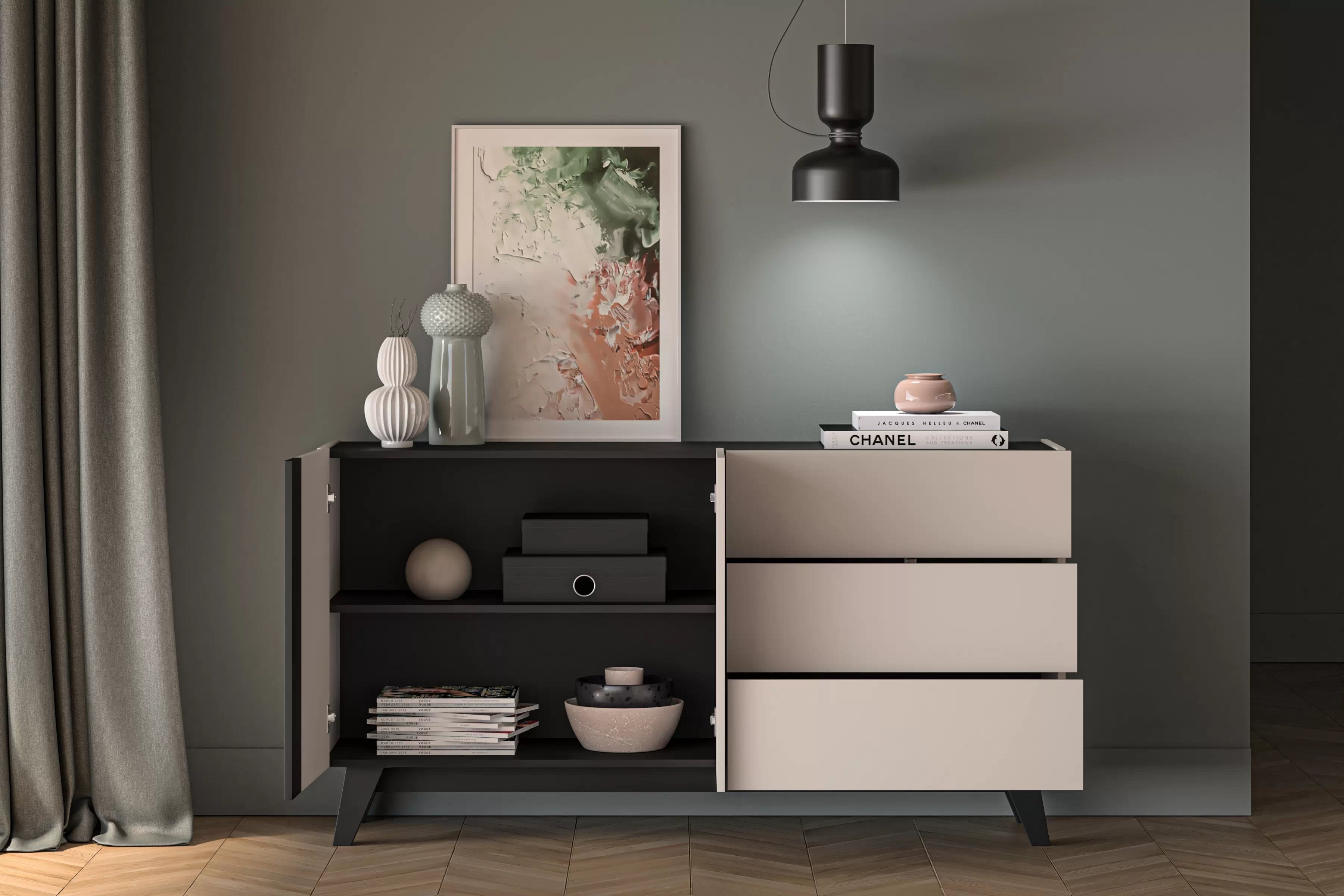 Komoda Salio 160 cm dvojdverová so zásuvkami - kašmír / čierna Komoda so zásuvkami Salio 160 cm - kašmír / Čierny