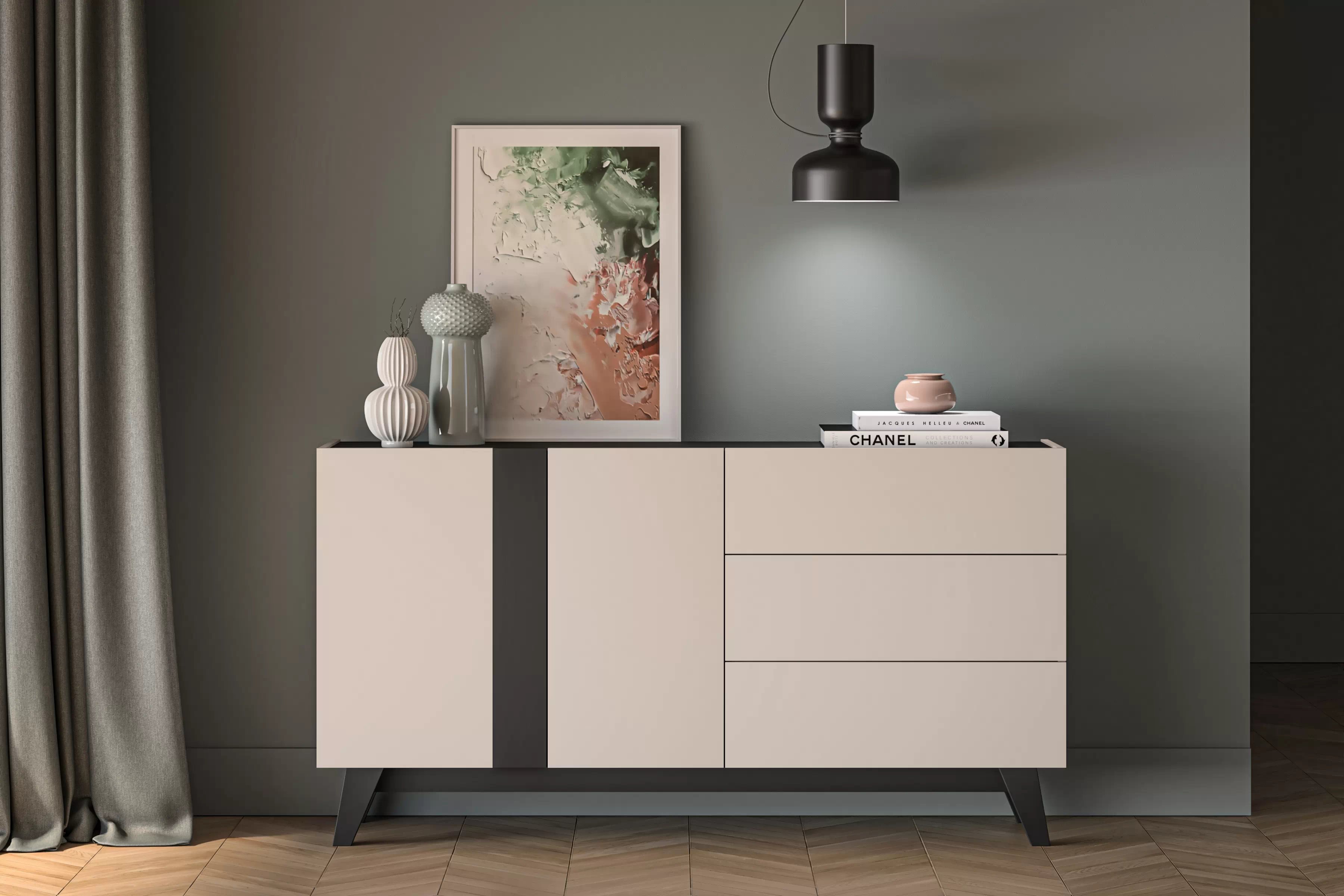 Komoda Salio 160 cm dvojdverová so zásuvkami - kašmír / čierna Komoda so zásuvkami Salio 160 cm - kašmír / Čierny