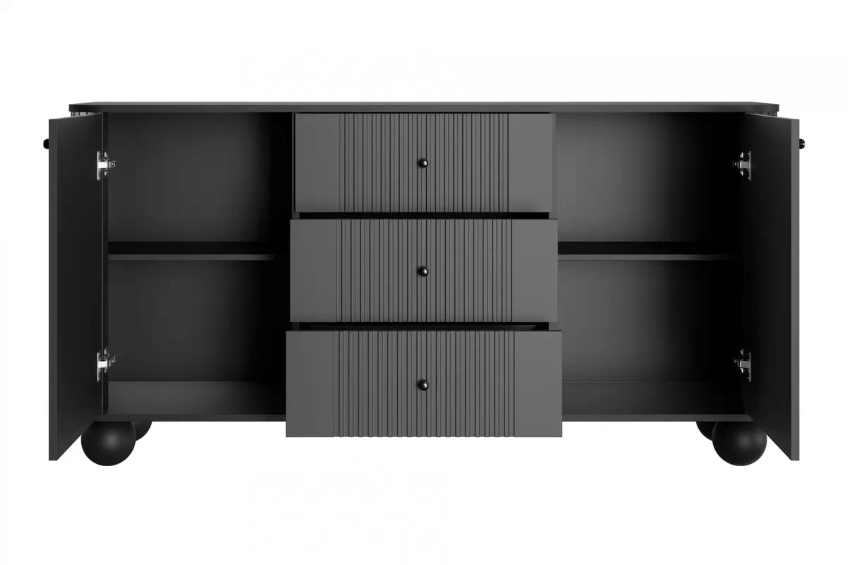 Komoda Vespera 160 cm so zásuvkami - čierna / čierne nohy Komoda so zásuvkami Versper 160 cm - Čierny / čierny úchyty