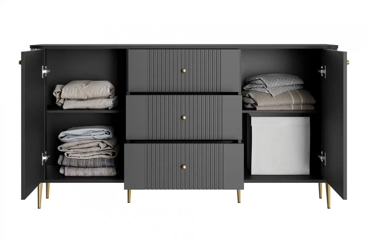 Komoda Versper 160 cm - černá / zlaté nohy Komoda se zásuvkami Versper 160 cm - černá / zlaté Nohy