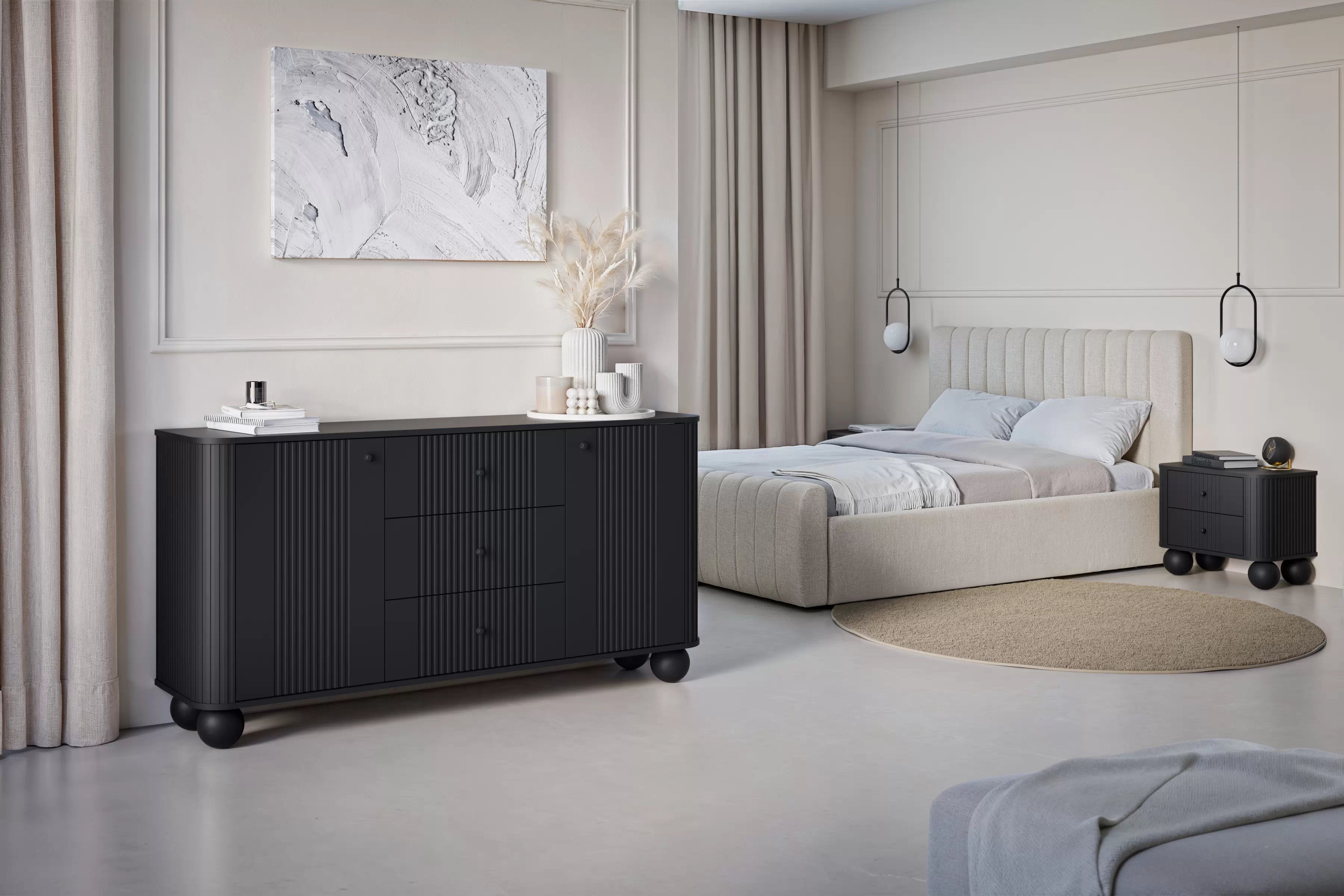 Komoda Vespera 160 cm so zásuvkami - čierna / čierne nohy Komoda so zásuvkami Verspera 160 cm - Čierny / čierny úchyty / čierny nožičky kule
