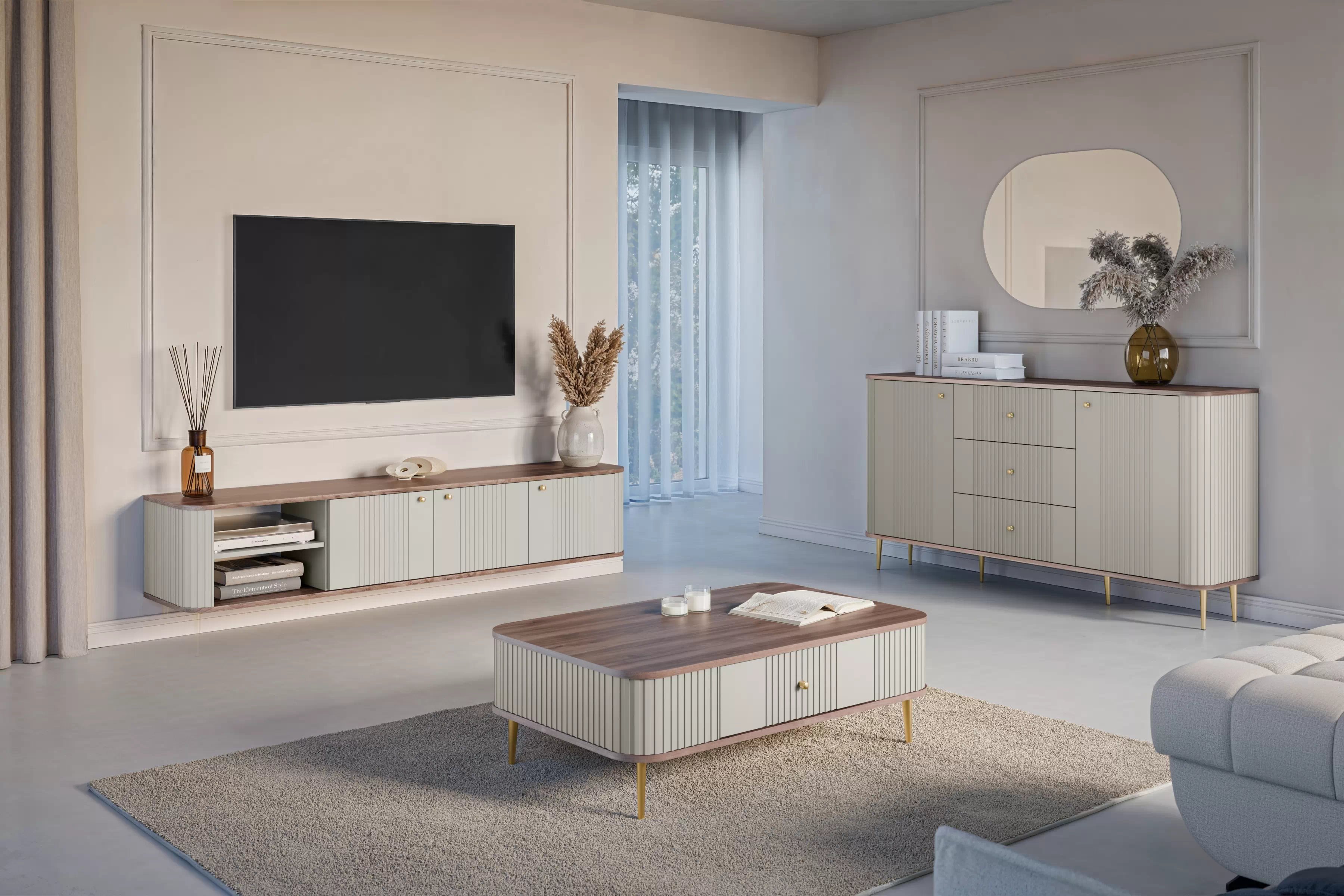 Komoda Vespera 160 cm so zásuvkami - kašmírová / orech / zlaté nožičky Komoda so zásuvkami Verspera 160 cm - kašmír / Orech / zlote nožičky