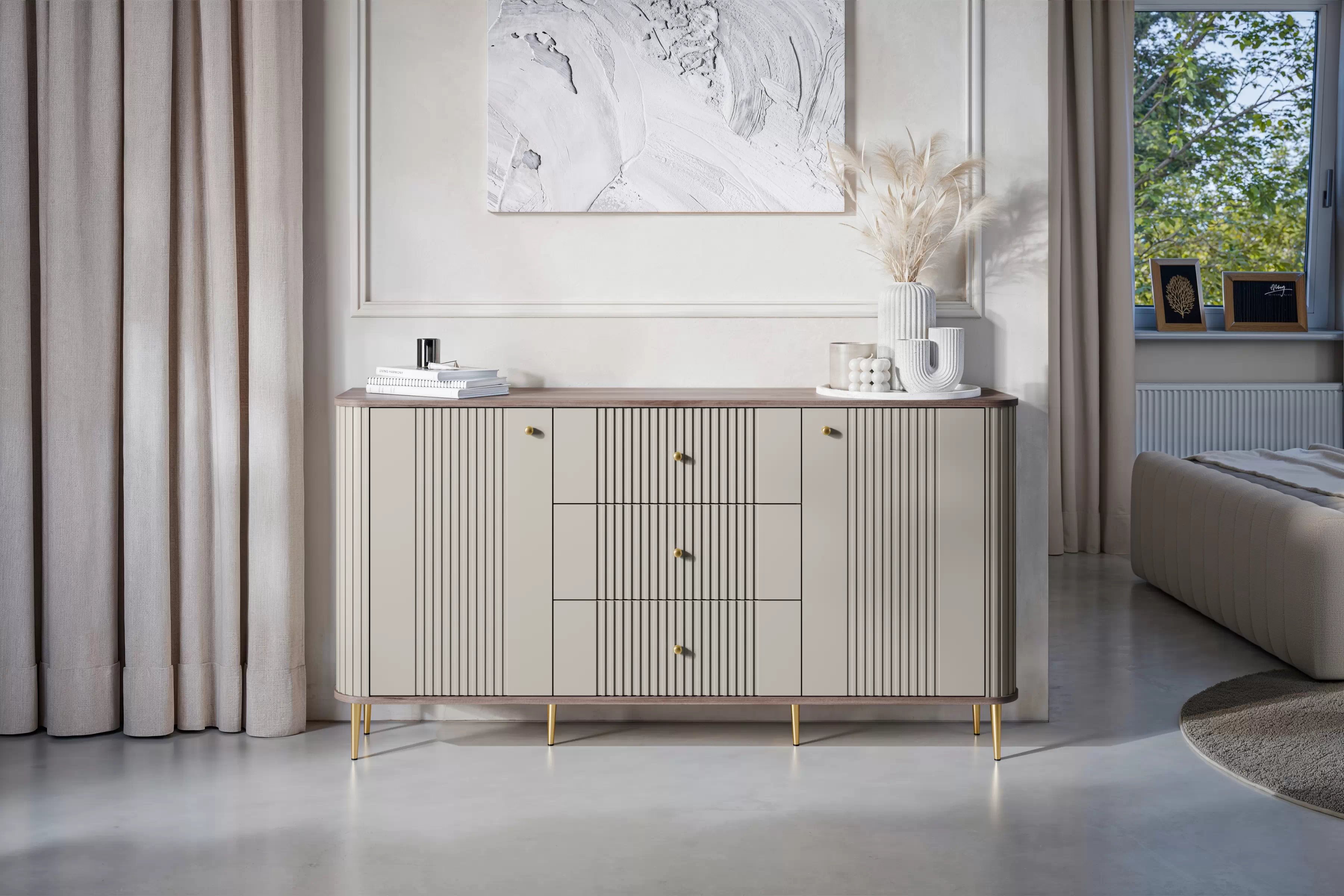 Komoda Vespera 160 cm so zásuvkami - kašmírová / orech / zlaté nožičky Komoda so zásuvkami Verspera 160 cm - kašmír / Orech / zlote nožičky