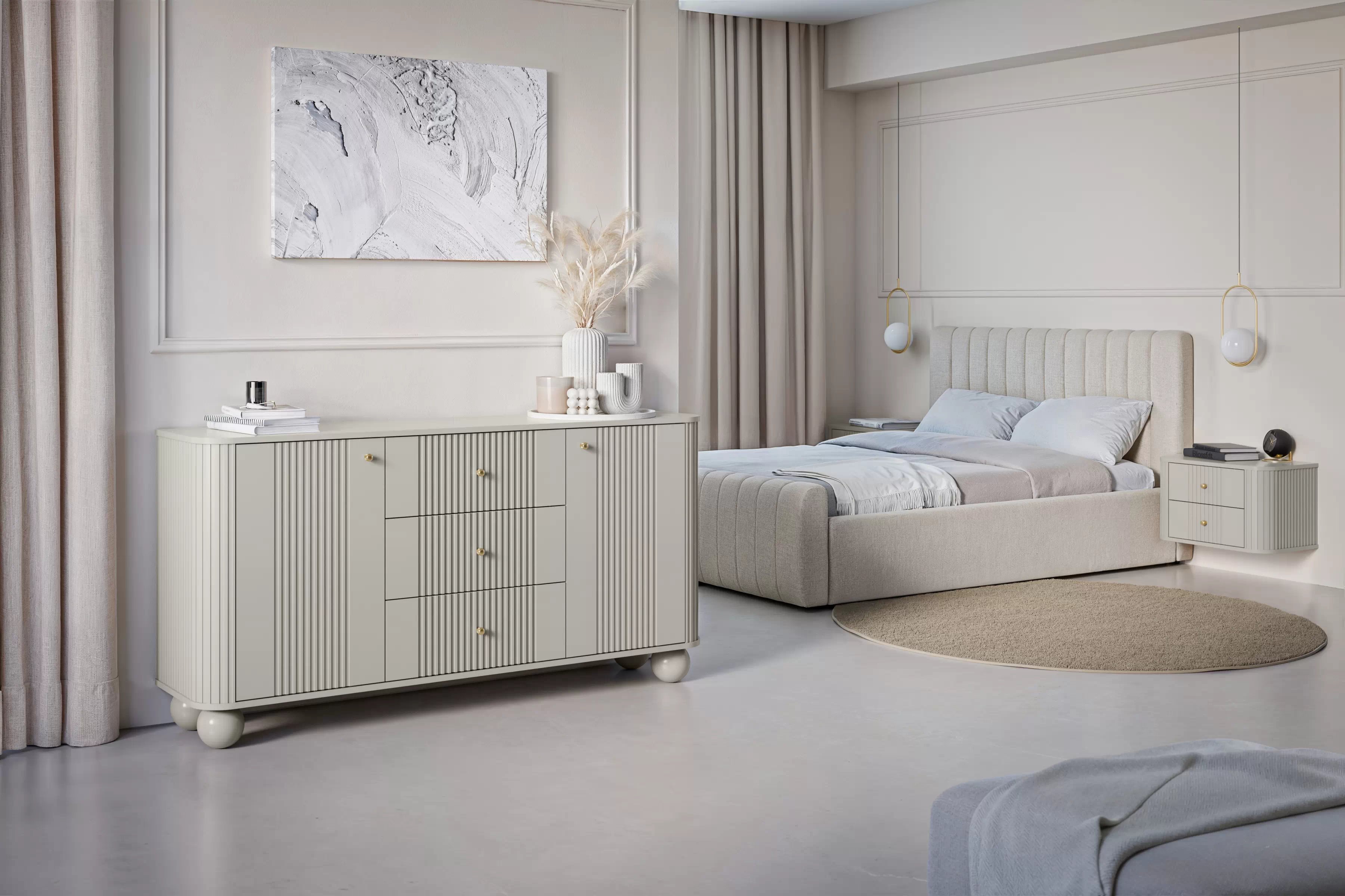 Komoda Vespera 160 cm so zásuvkami - kašmírová / zlatá / kašmírové nohy Komoda so zásuvkami Verspera 160 cm - kašmír / zlote úchyty / kaszmirowe nožičky kule